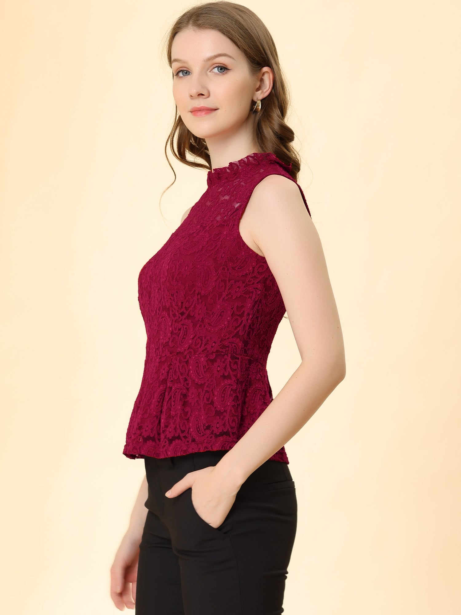 Lace Floral Ruffle Neck Keyhole Back Sleeveless Peplum Top