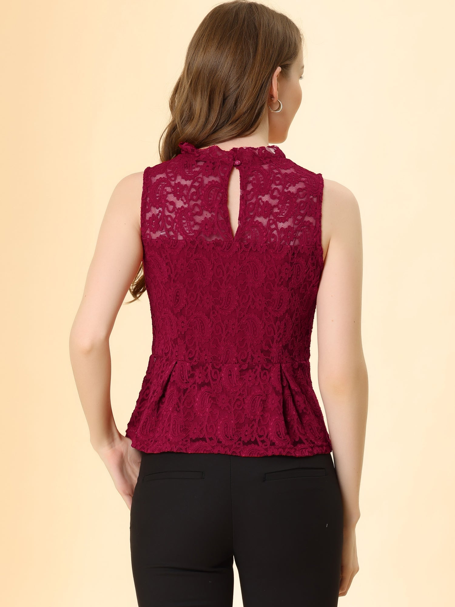Lace Floral Ruffle Neck Keyhole Back Sleeveless Peplum Top