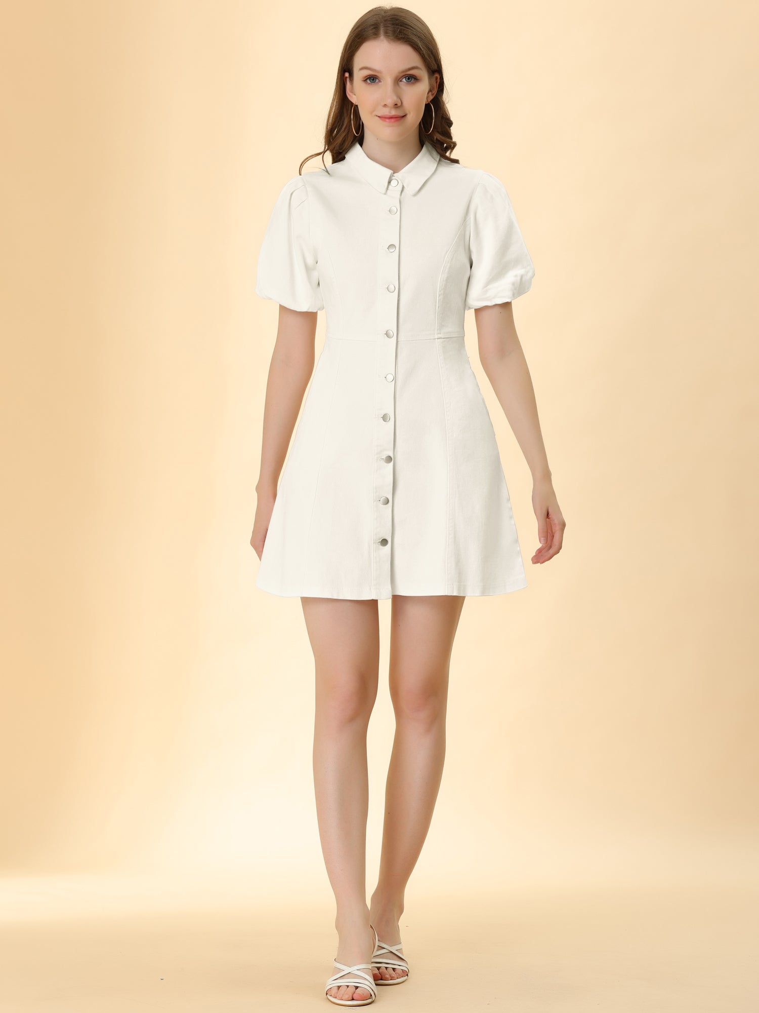 Denim Puff Short Sleeve Collared Button Down Mini Dress