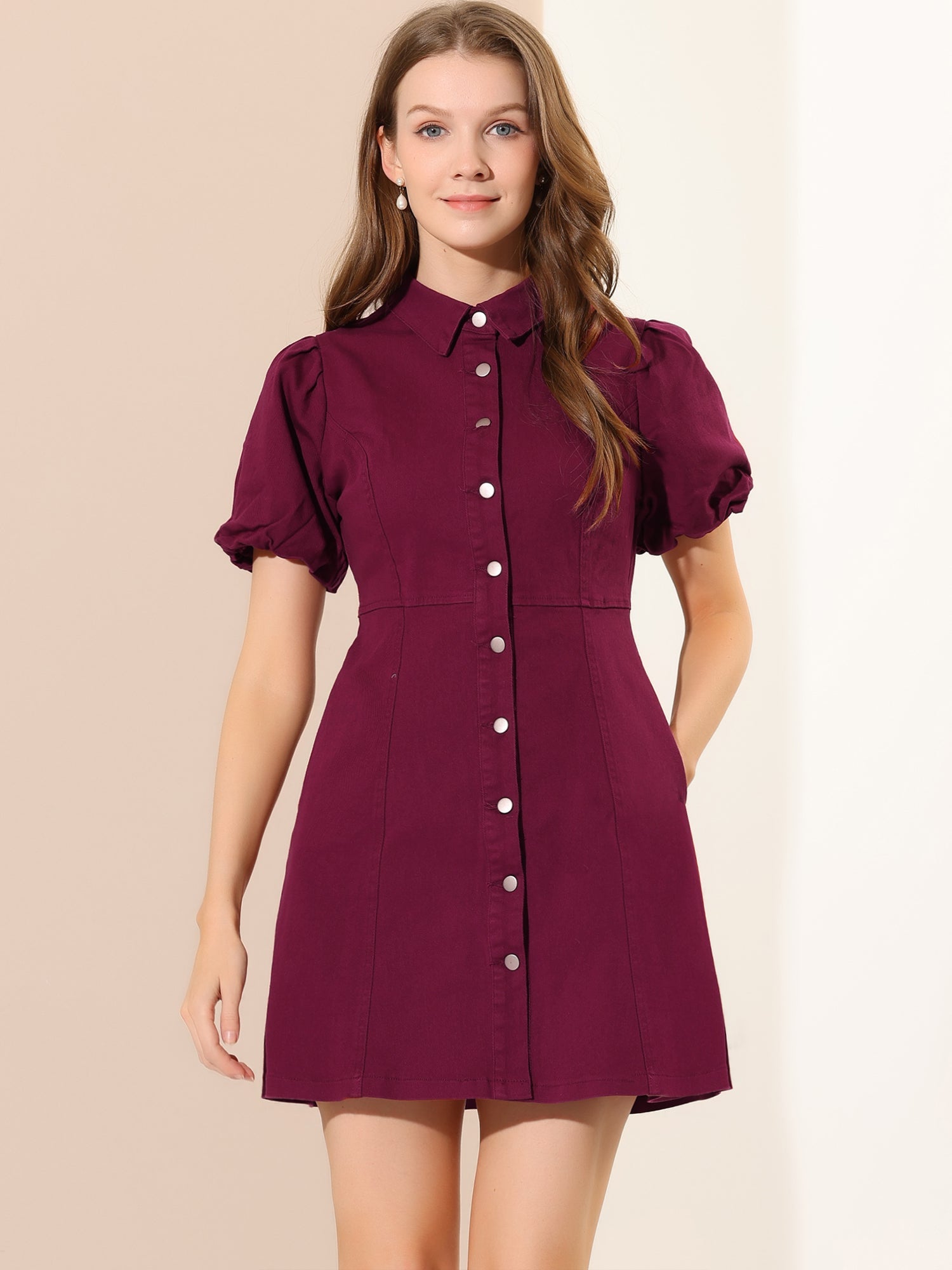 Denim Puff Short Sleeve Collared Button Down Mini Dress