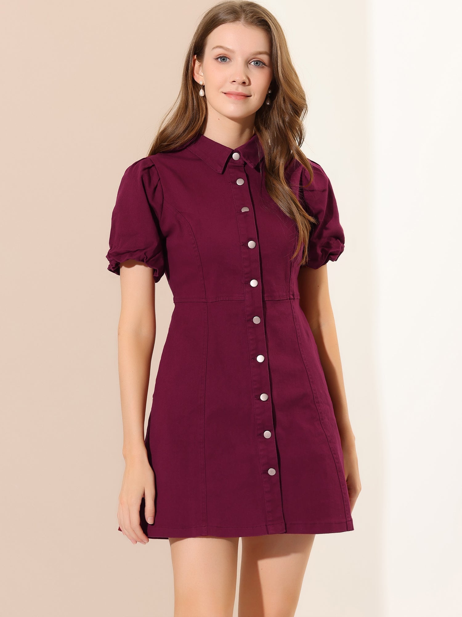 Denim Puff Short Sleeve Collared Button Down Mini Dress
