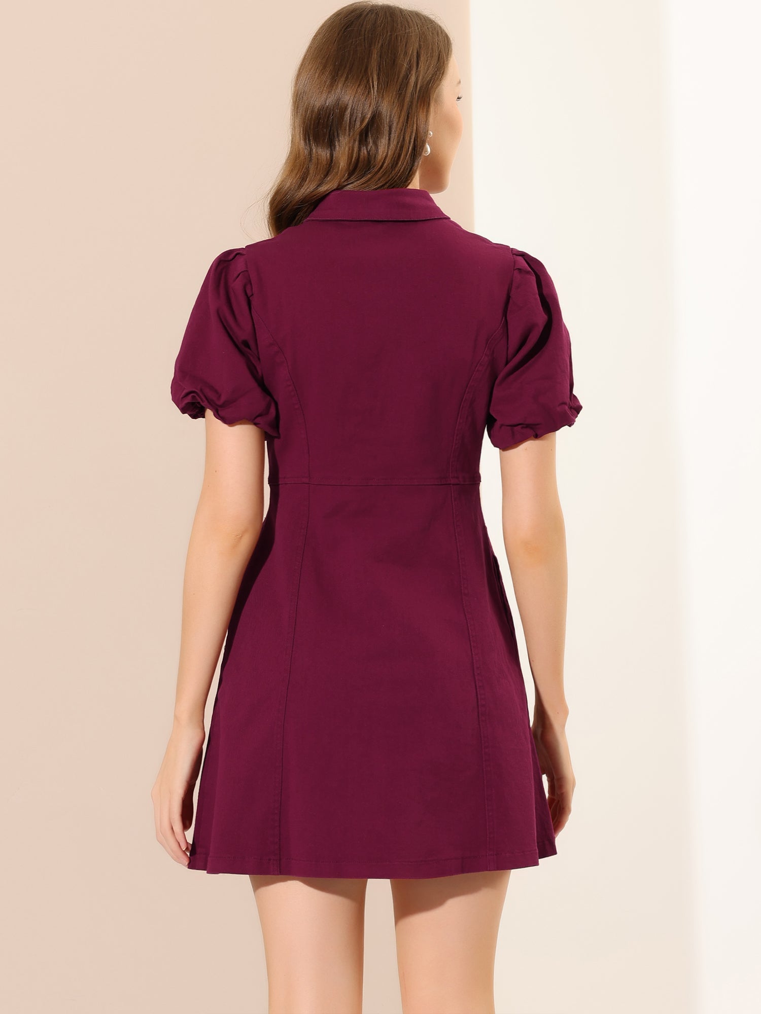Denim Puff Short Sleeve Collared Button Down Mini Dress