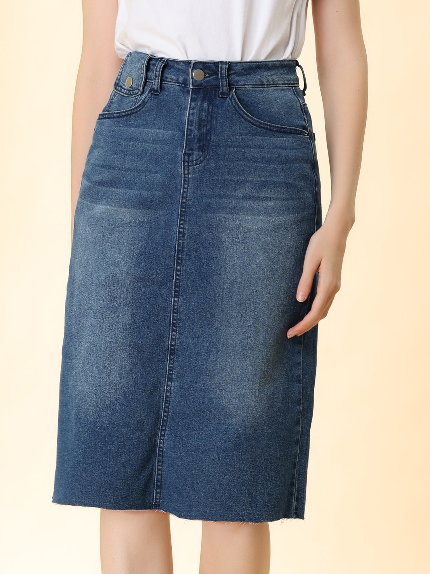 Casual High Waist Back Slit Stretch Denim Midi Skirt