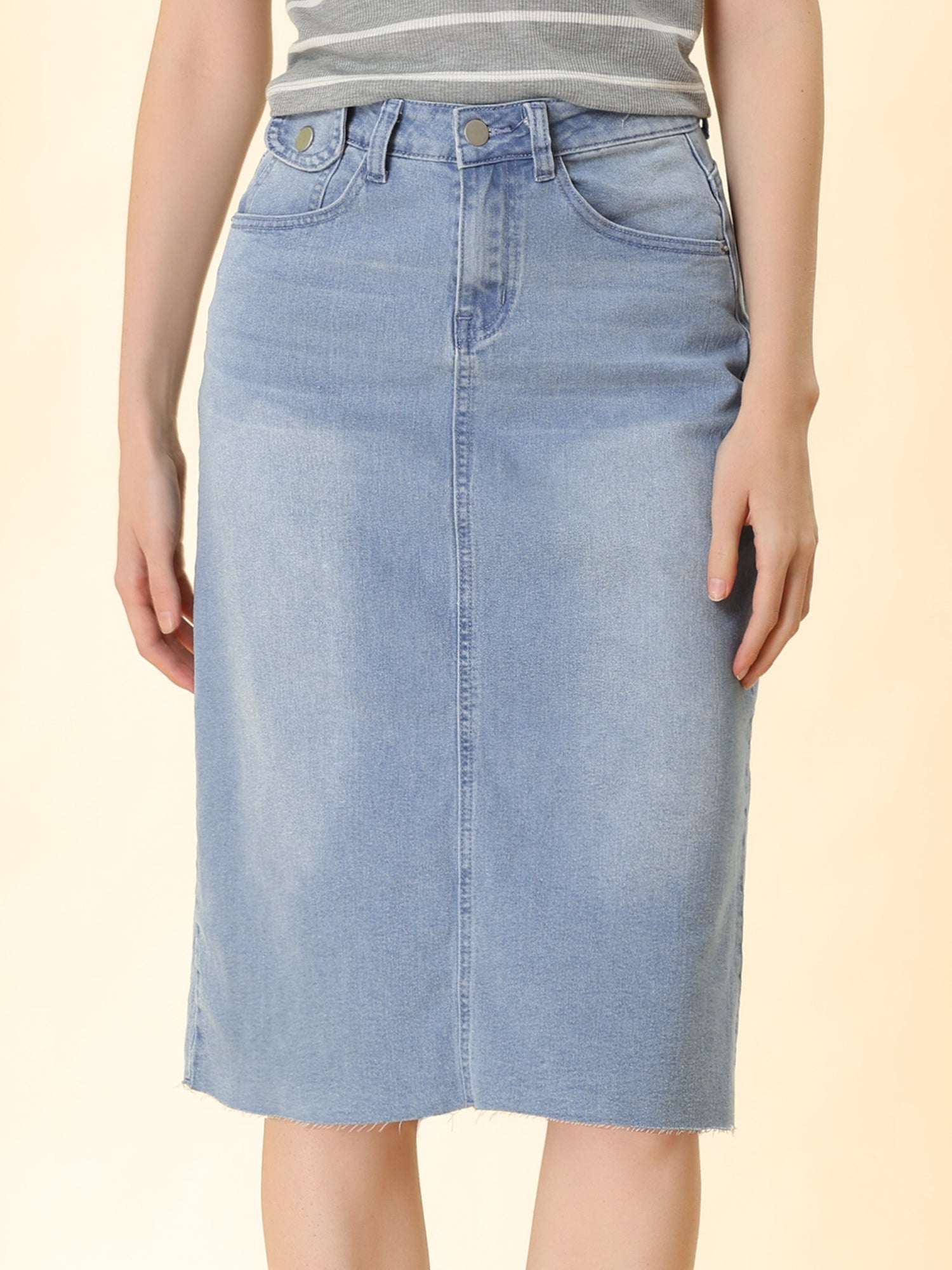 Casual High Waist Back Slit Stretch Denim Midi Skirt
