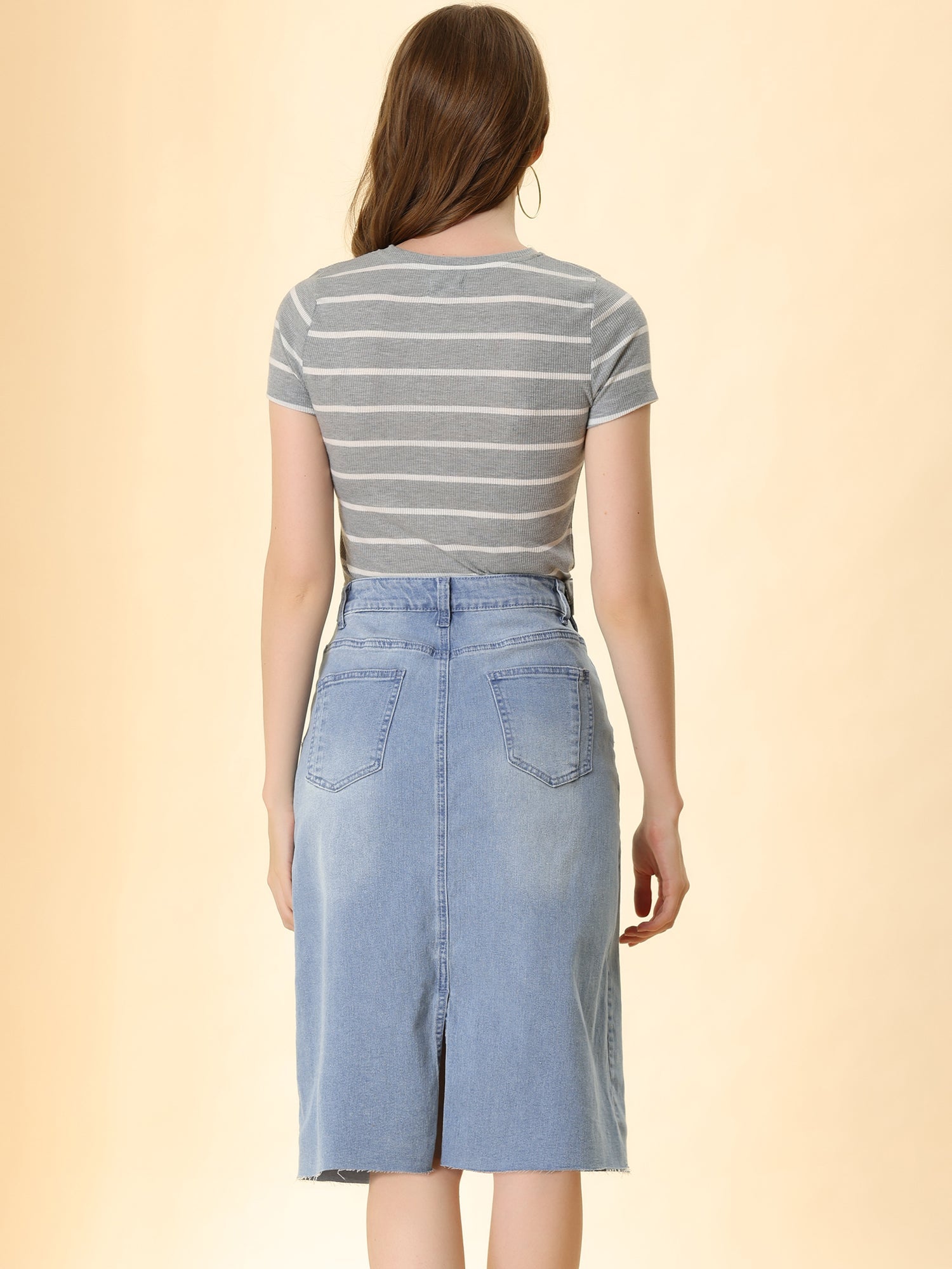 Casual High Waist Back Slit Stretch Denim Midi Skirt