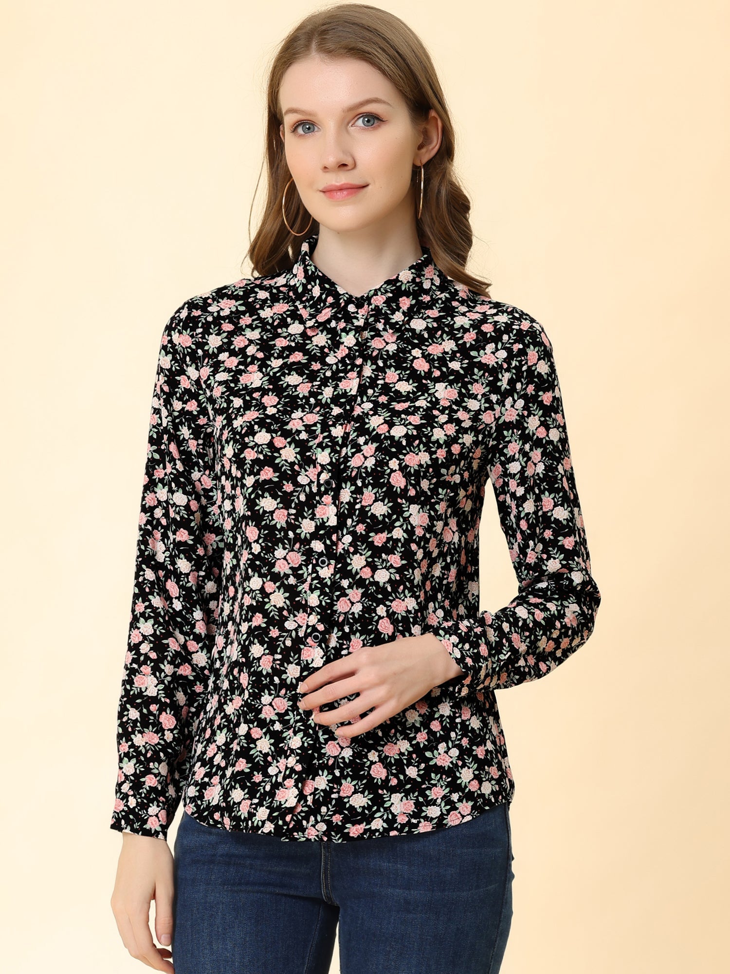 Button Down Floral Long Sleeve Point Collar Blouse