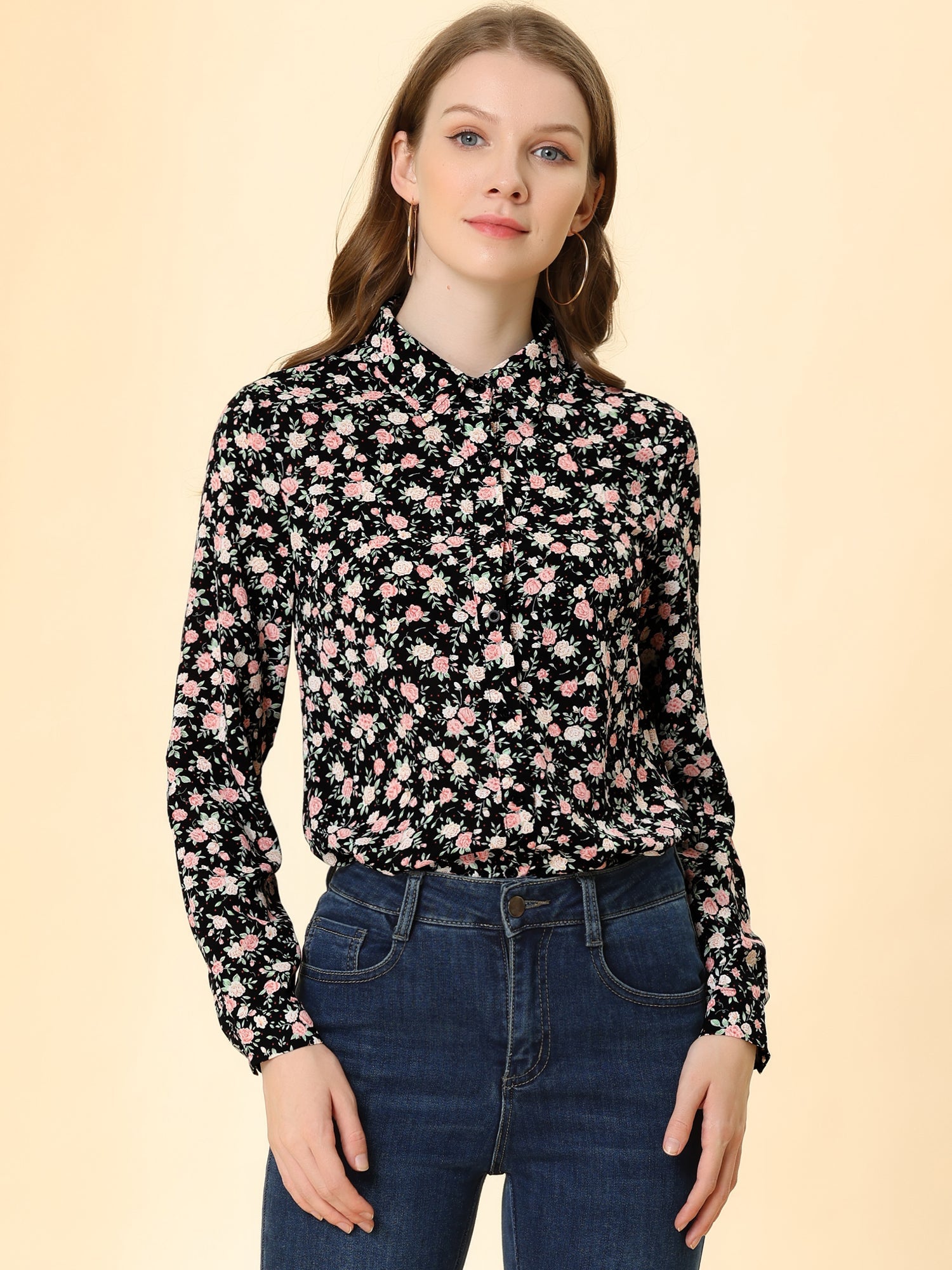 Button Down Floral Long Sleeve Point Collar Blouse