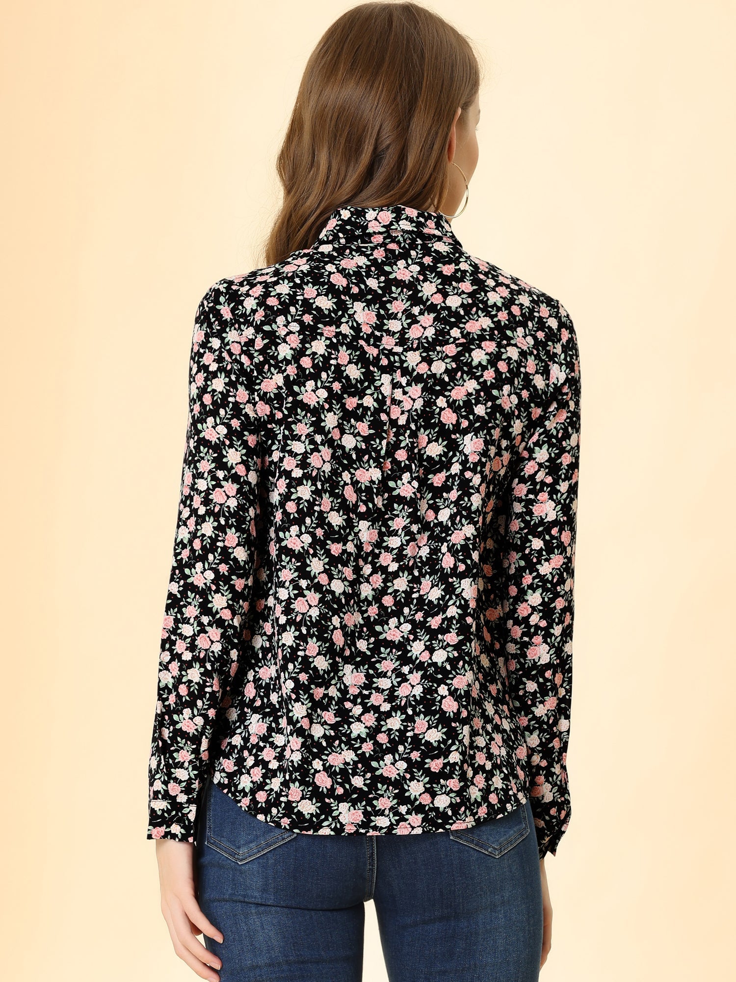 Button Down Floral Long Sleeve Point Collar Blouse