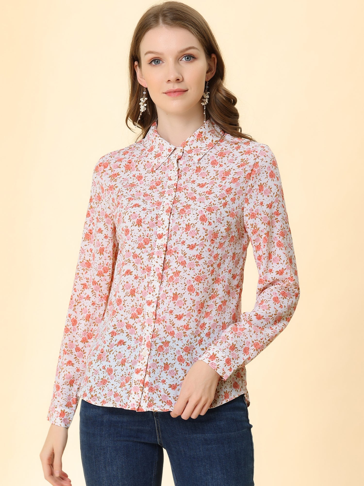 Button Down Floral Long Sleeve Point Collar Blouse