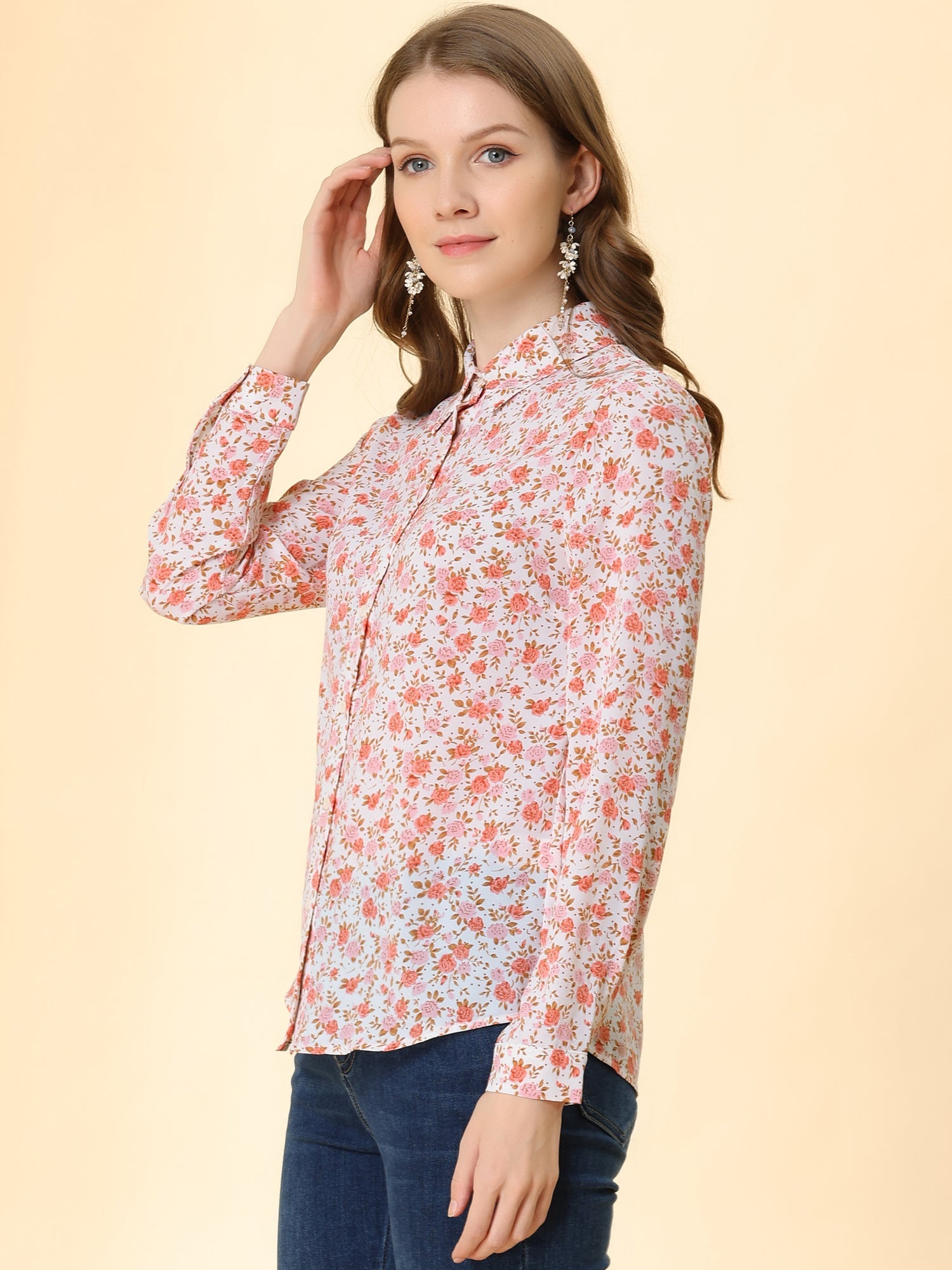 Button Down Floral Long Sleeve Point Collar Blouse