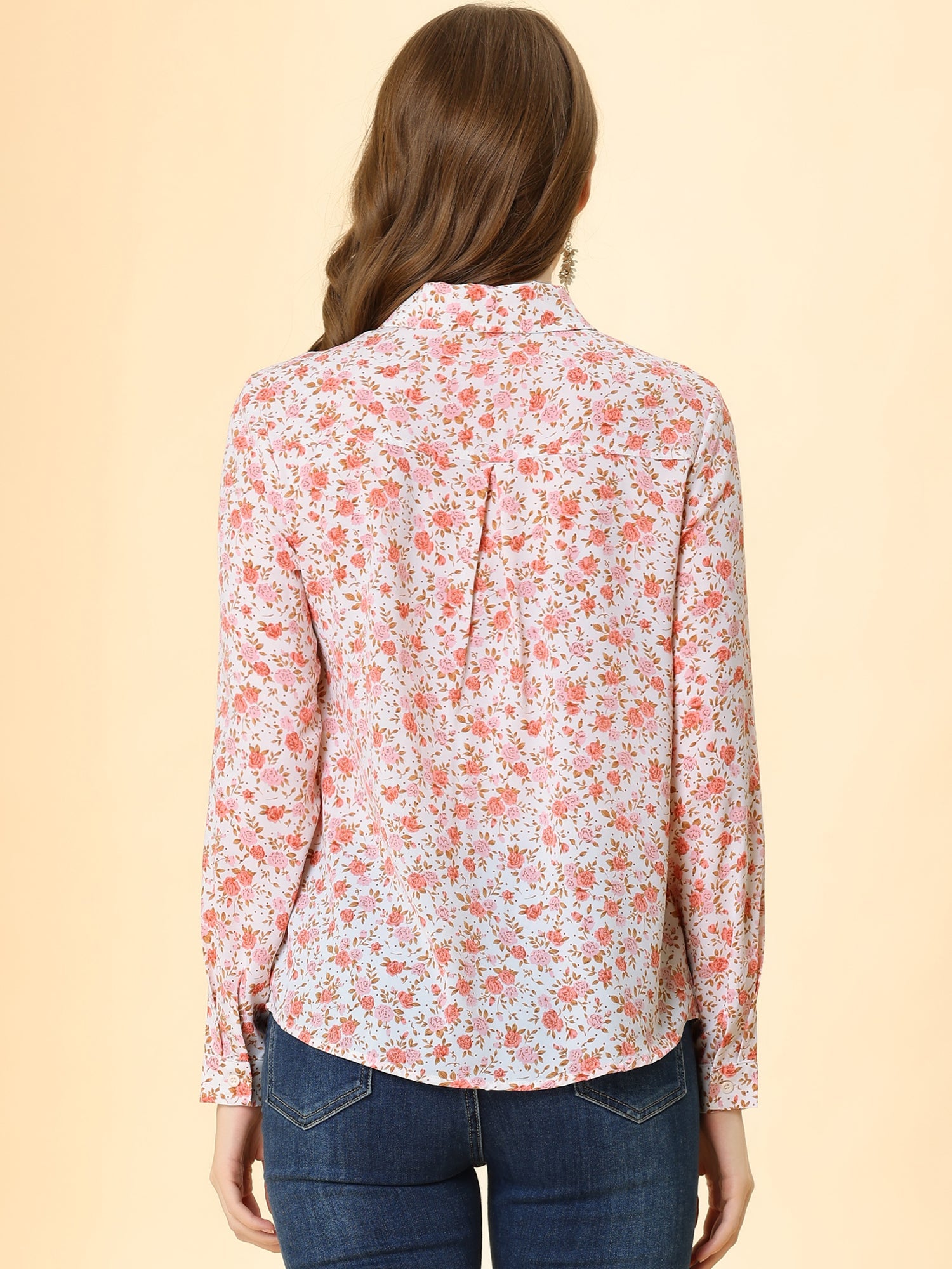 Button Down Floral Long Sleeve Point Collar Blouse