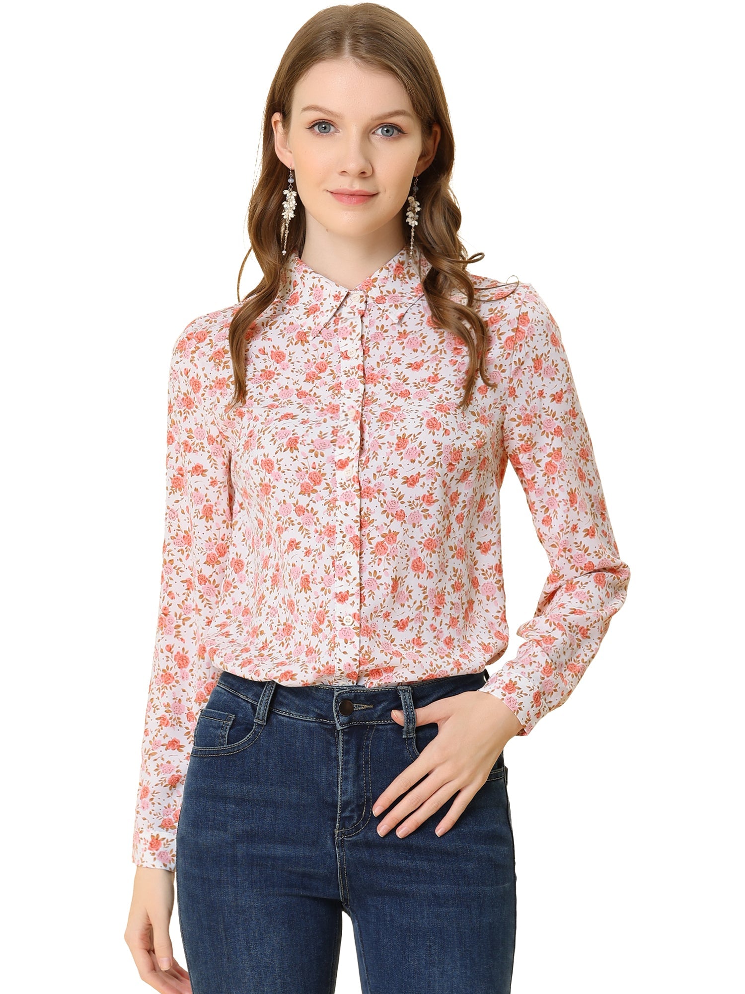 Button Down Floral Long Sleeve Point Collar Blouse