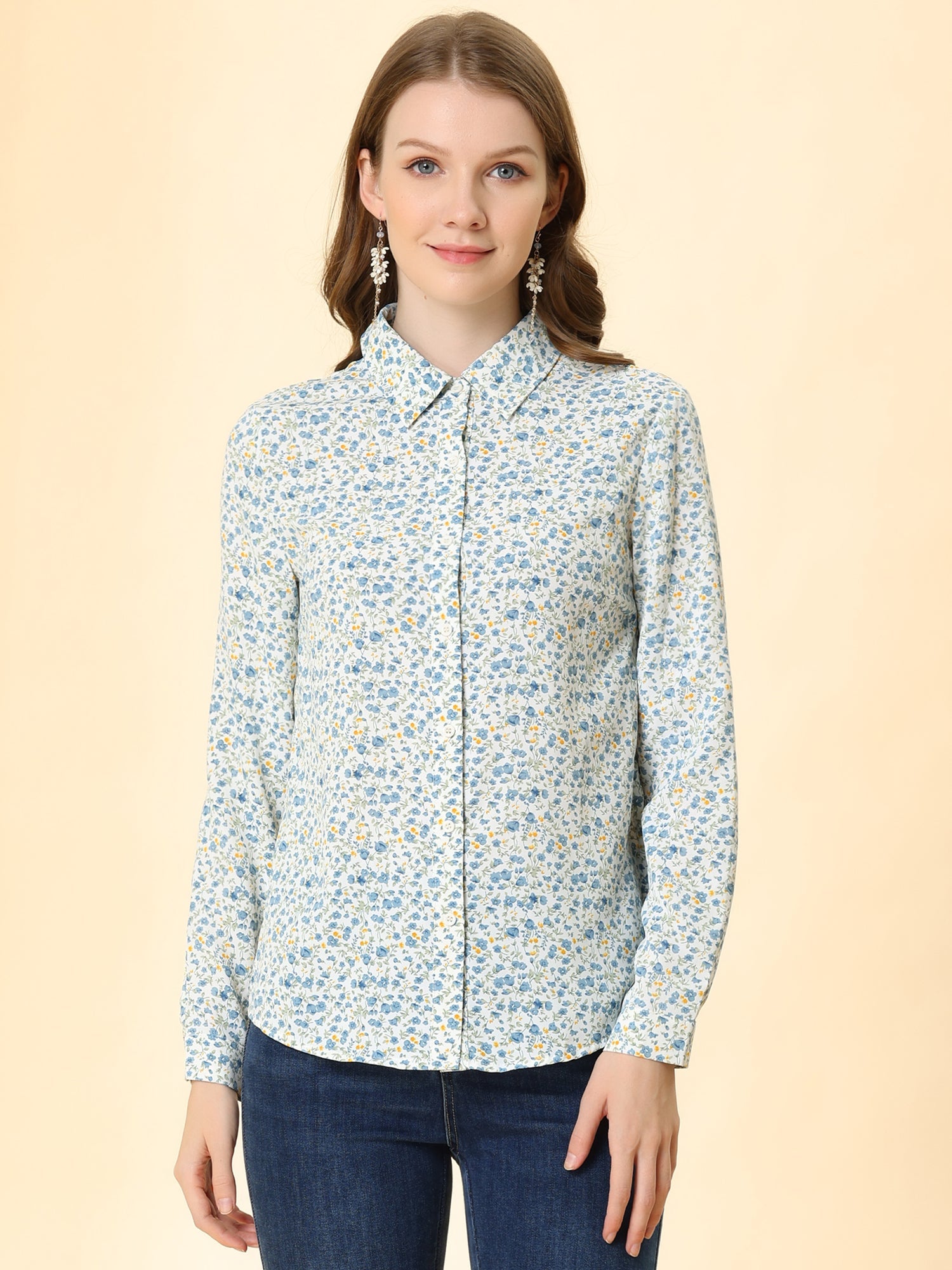 Button Down Floral Long Sleeve Point Collar Blouse