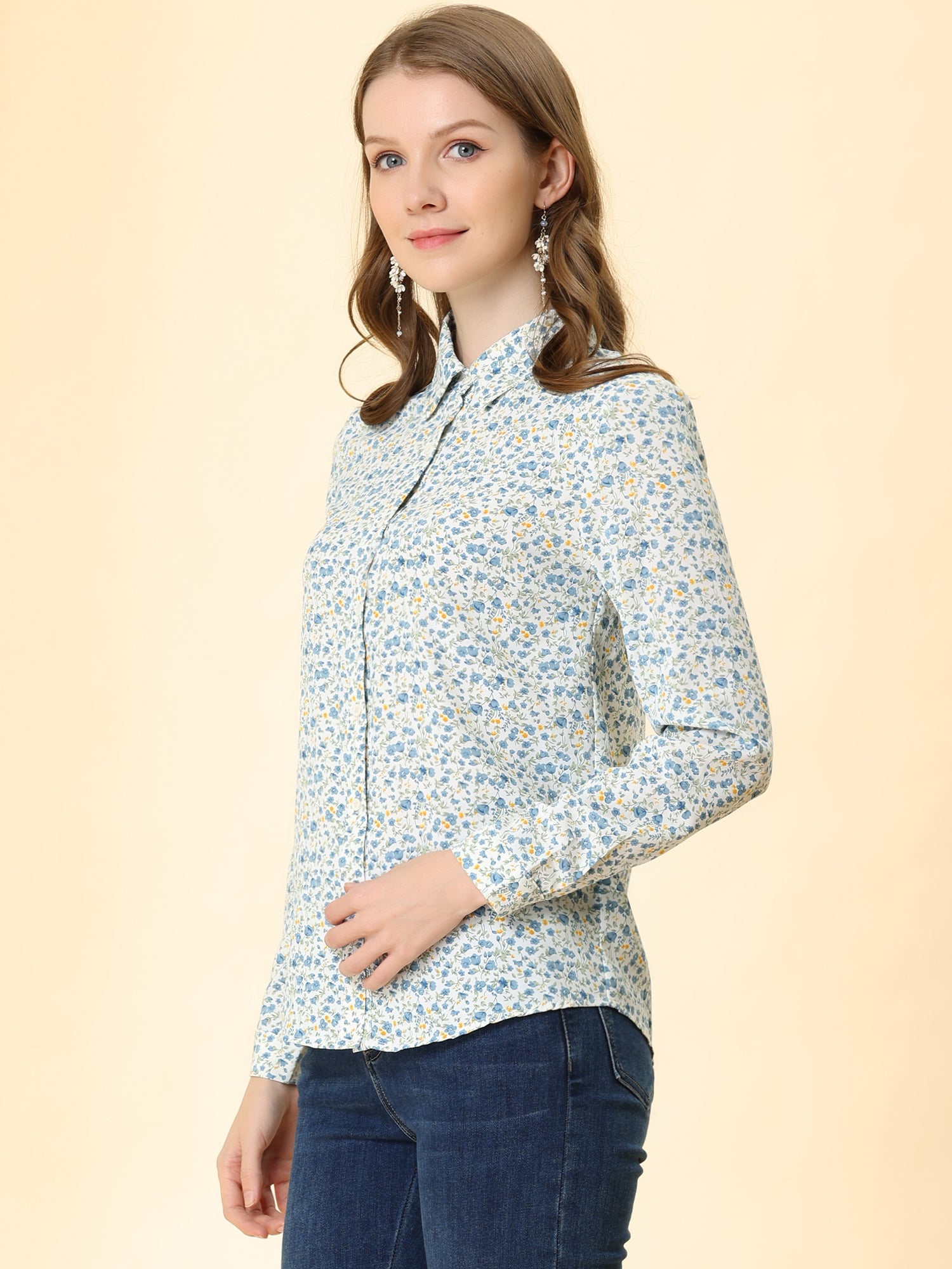 Button Down Floral Long Sleeve Point Collar Blouse