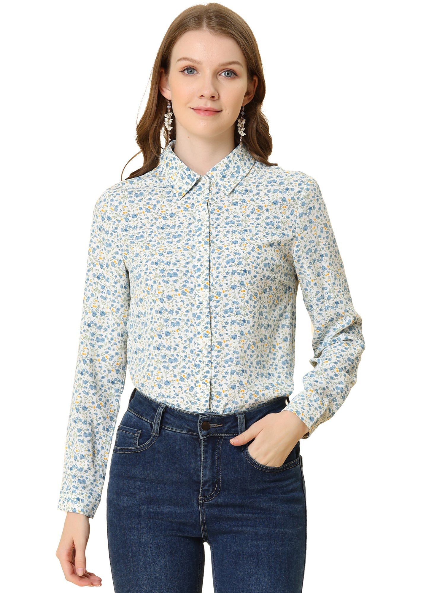 Button Down Floral Long Sleeve Point Collar Blouse