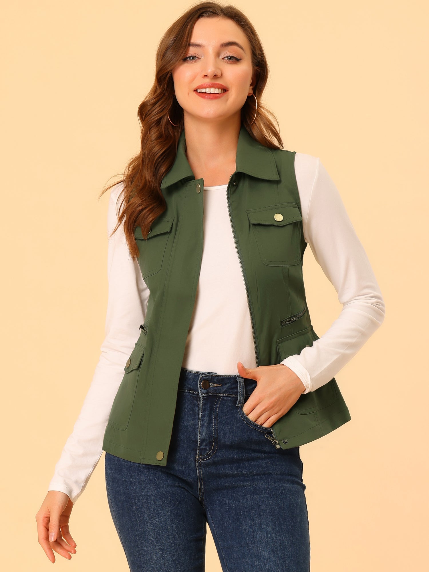 Zip Up Pockets Sleeveless Cargo Jacket Utility Vest