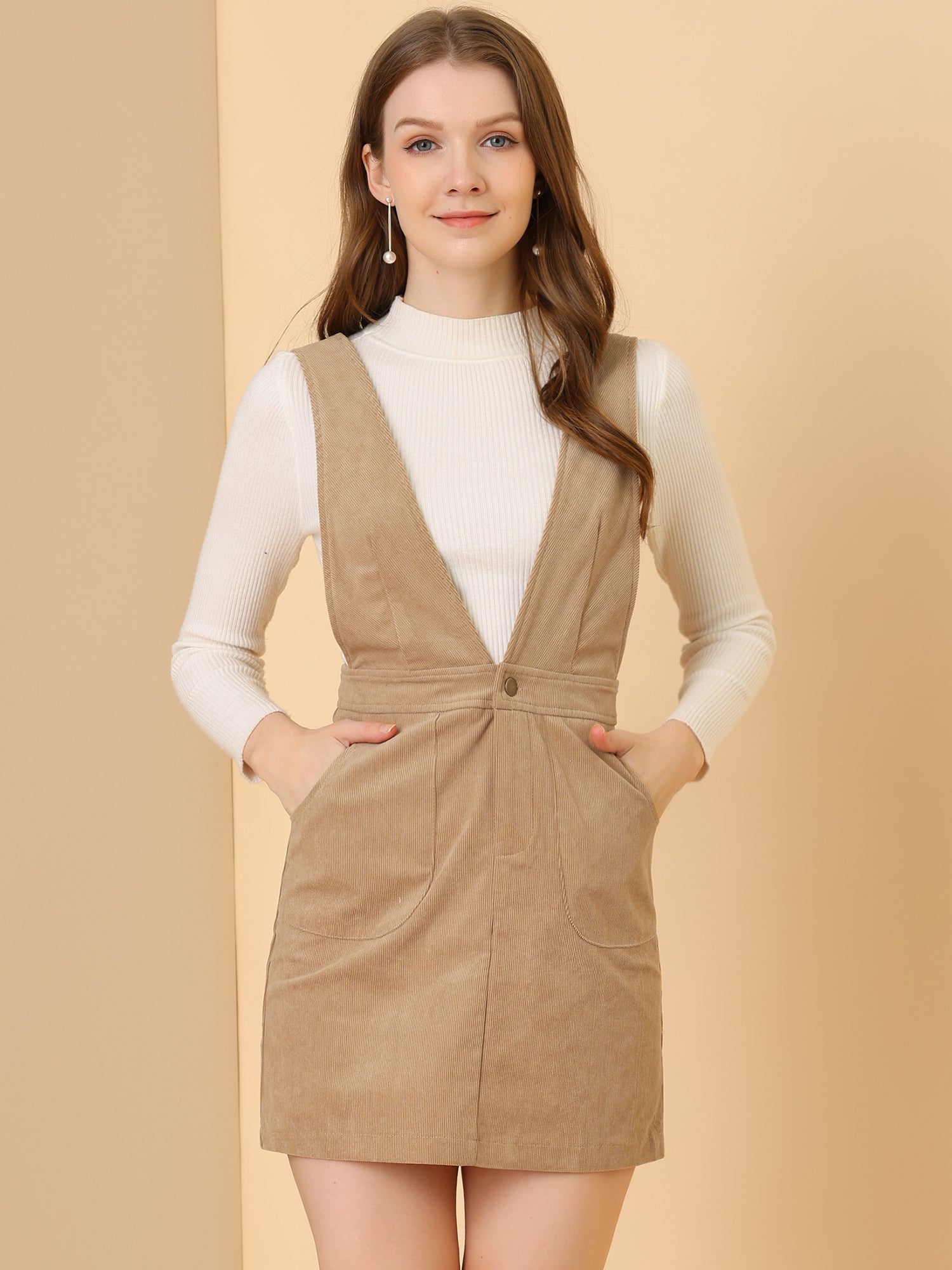 Corduroy Overall V Neck Strap Mini Pinafore Dress