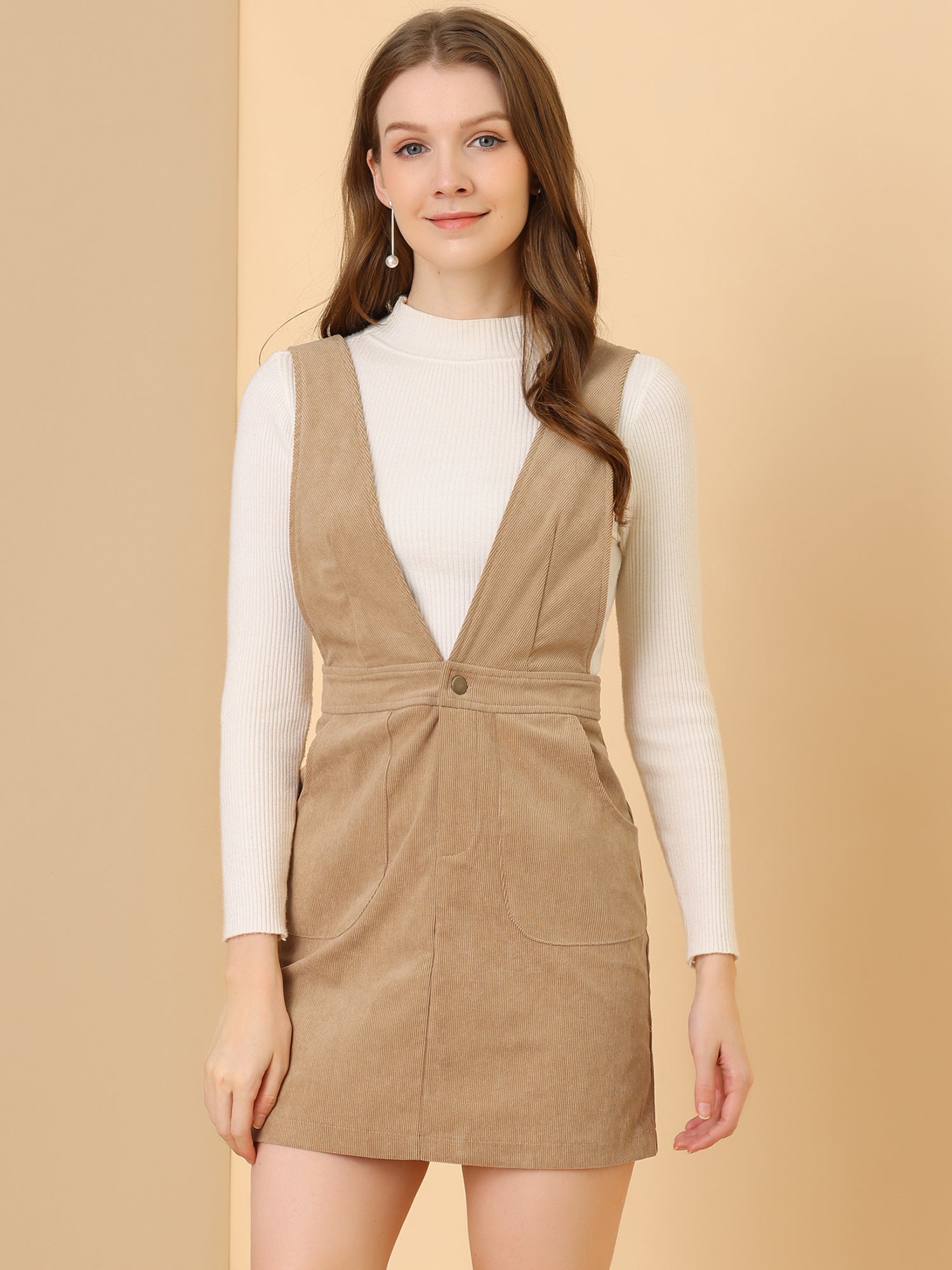 Corduroy Overall V Neck Strap Mini Pinafore Dress