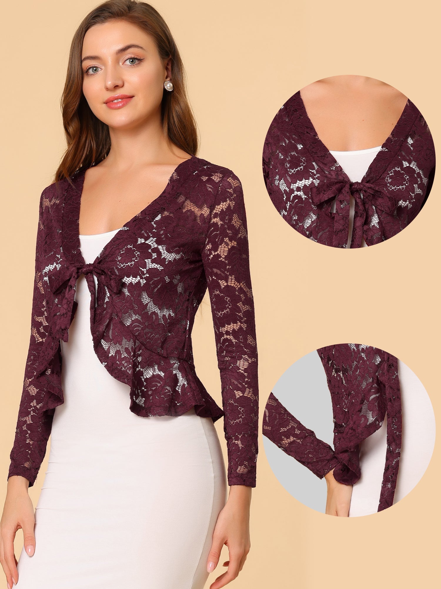 Floral Lace Tie Front Ruffled Hem Sheer Crop Bolero Shrug