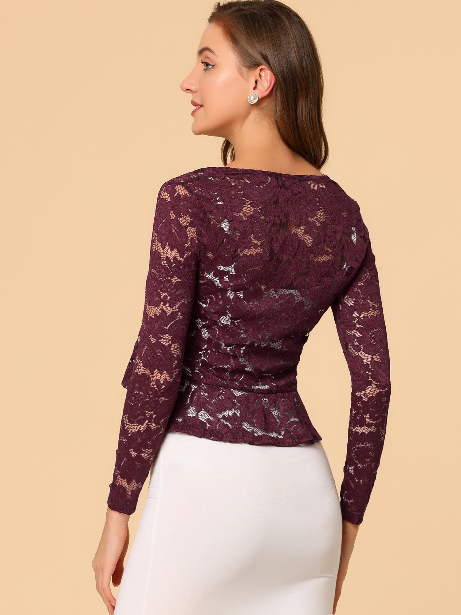 Floral Lace Tie Front Ruffled Hem Sheer Crop Bolero Shrug
