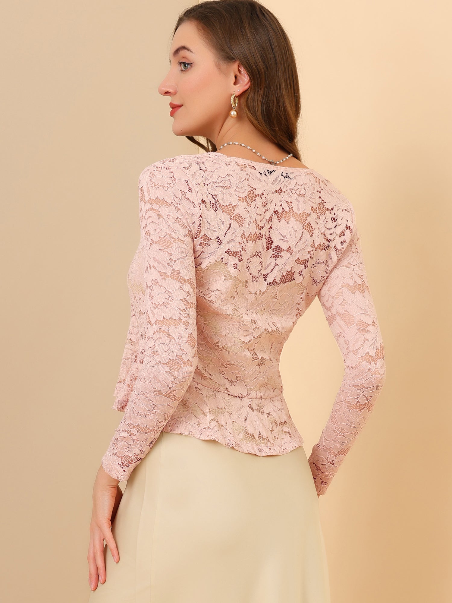 Floral Lace Tie Front Ruffled Hem Sheer Crop Bolero Shrug