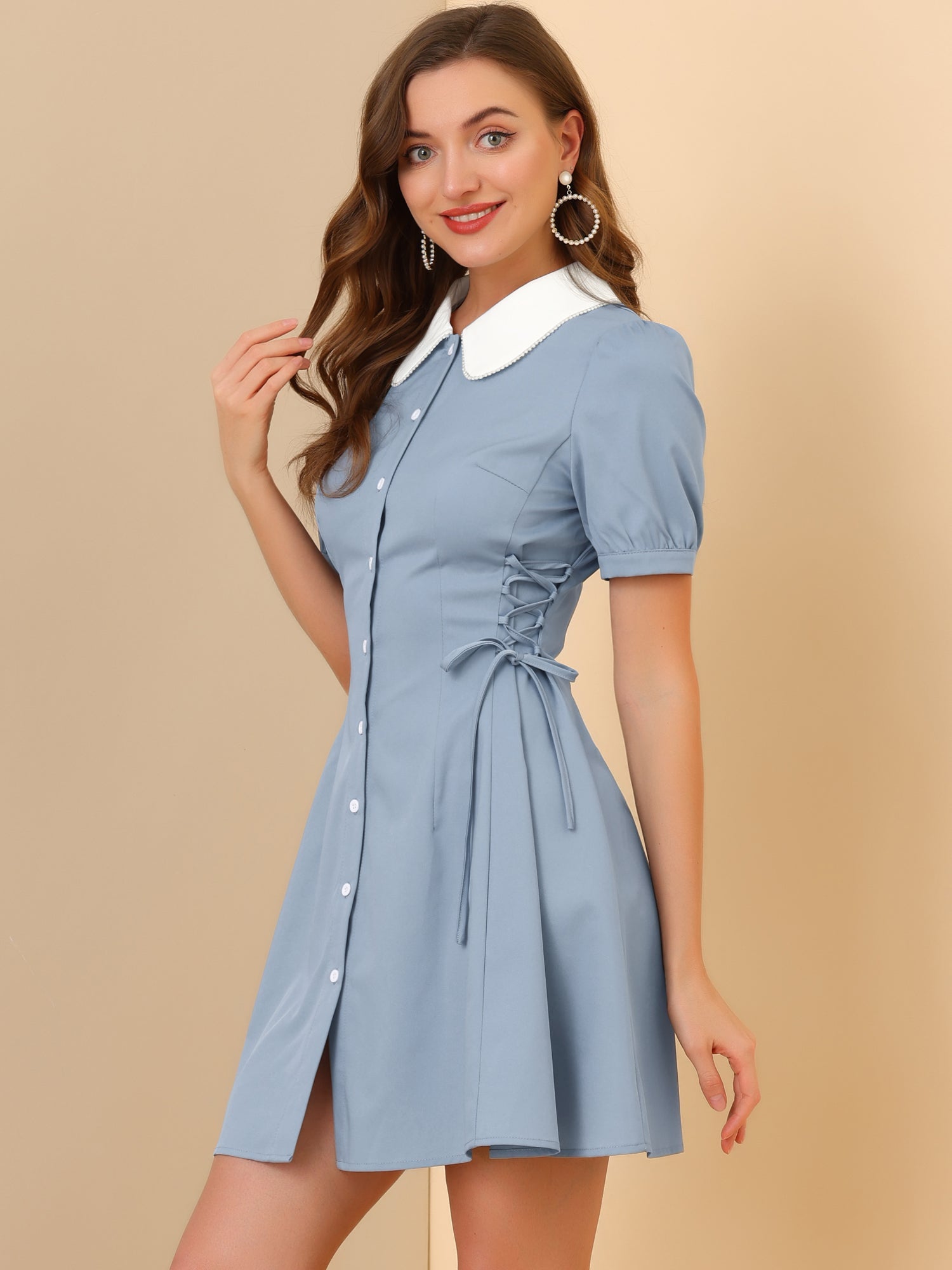 Vintage Peter Pan Collar Lace Up Button Down Dress