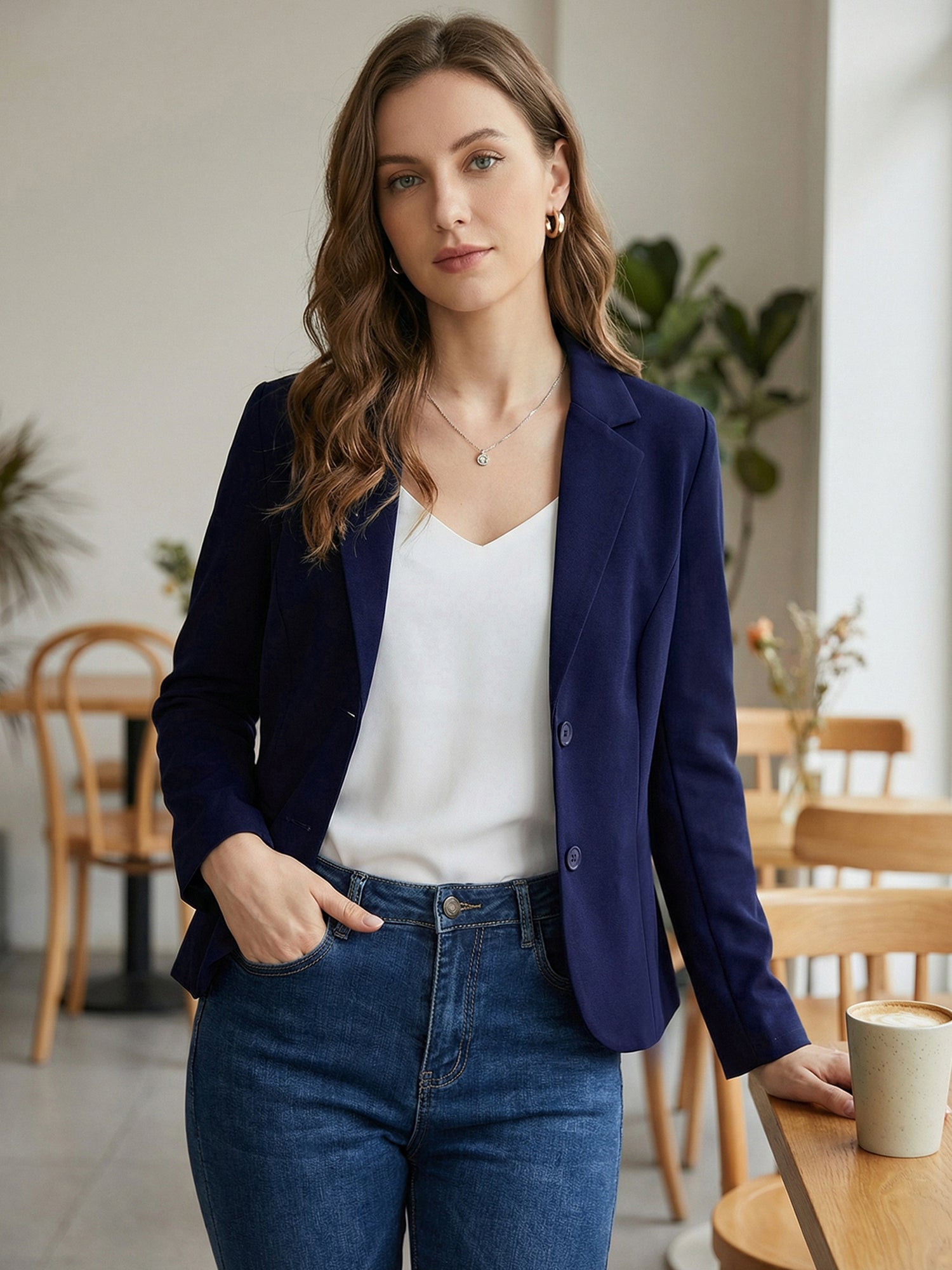 Notched Lapel Collar Stretch Work Office Workwear Jacket Blazer
