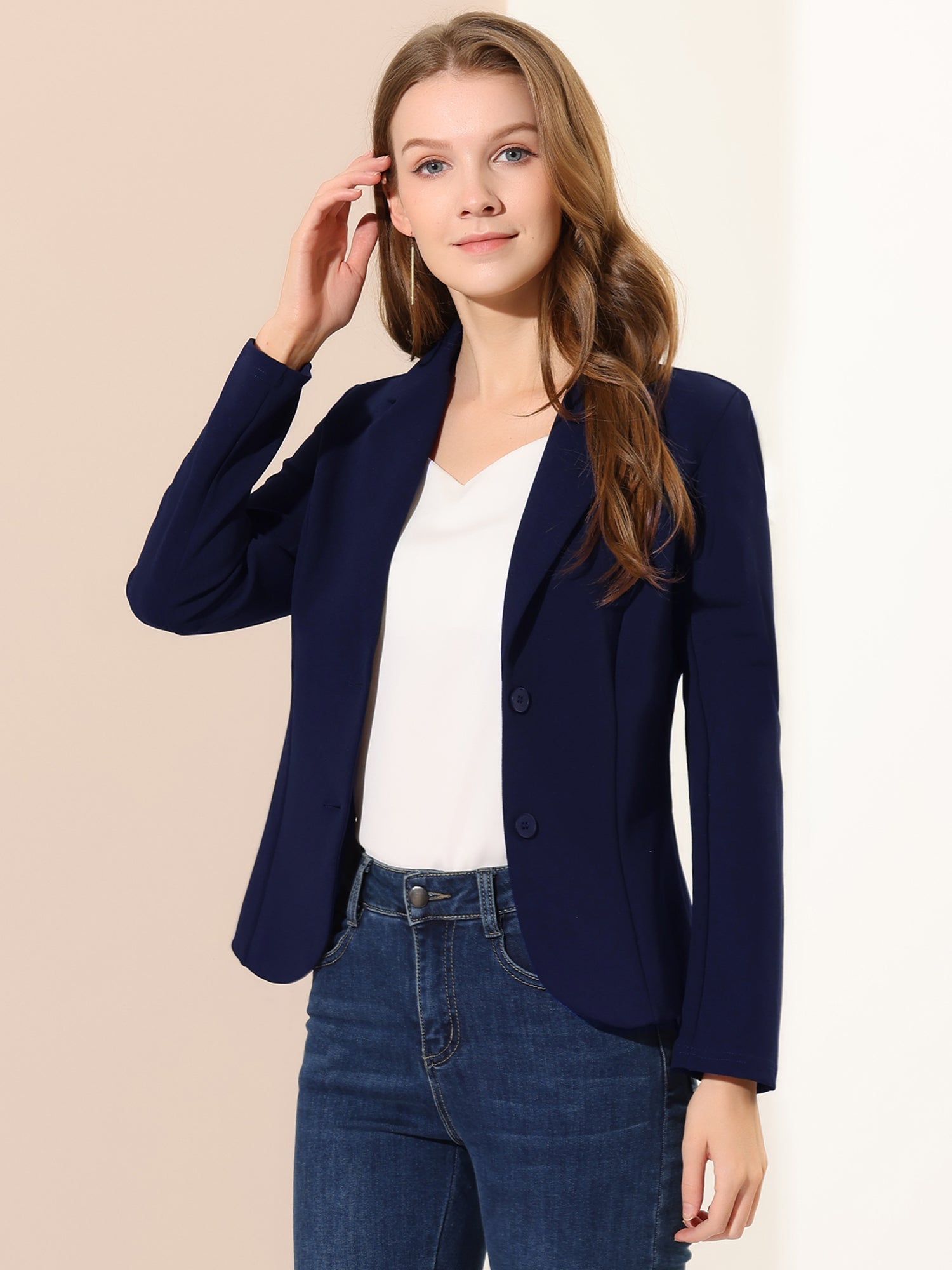 Notched Lapel Collar Stretch Work Office Workwear Jacket Blazer