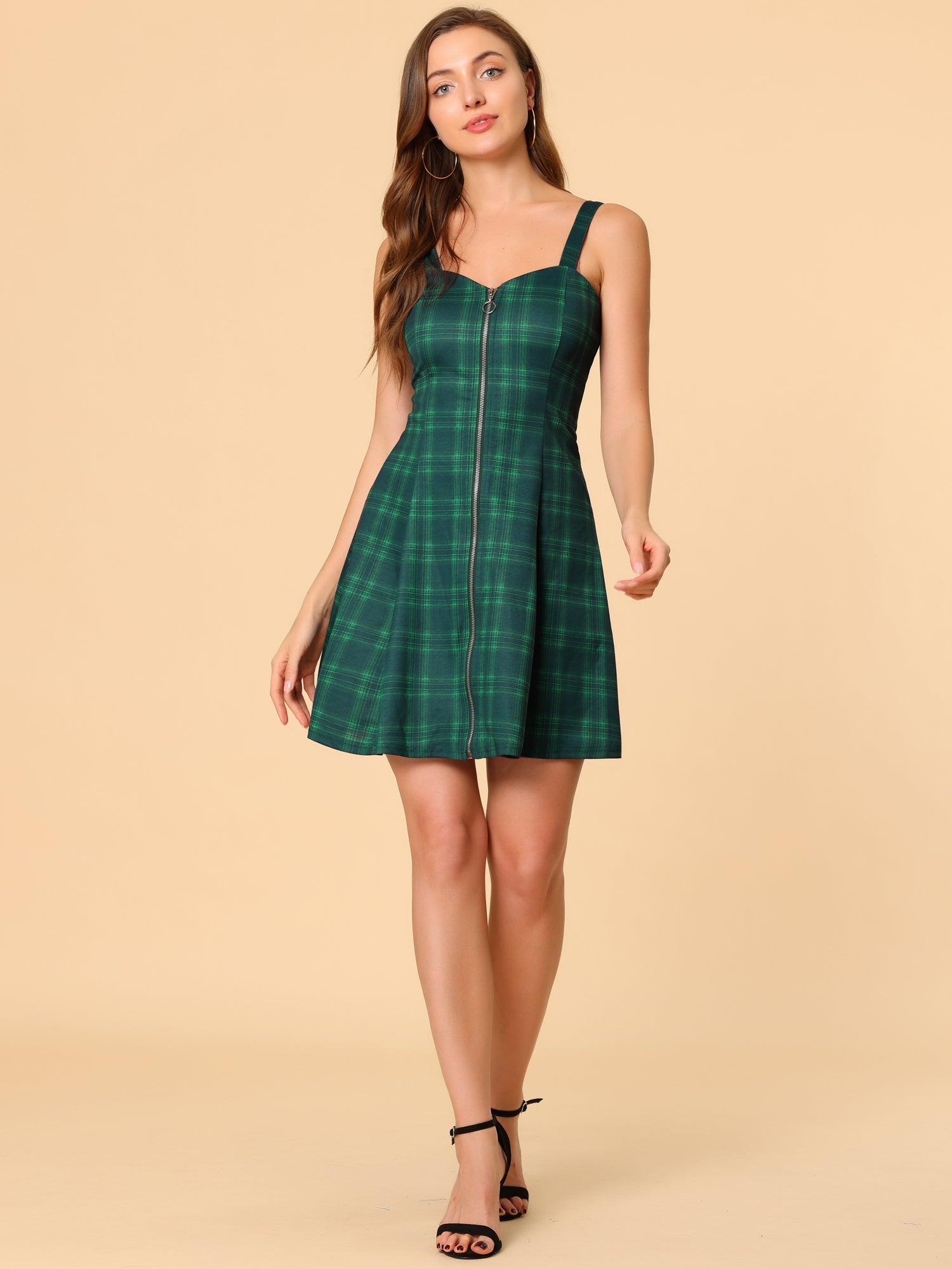 Plaid Zipper Front Party Strap Sleeveless Tube Mini A-Line Dress