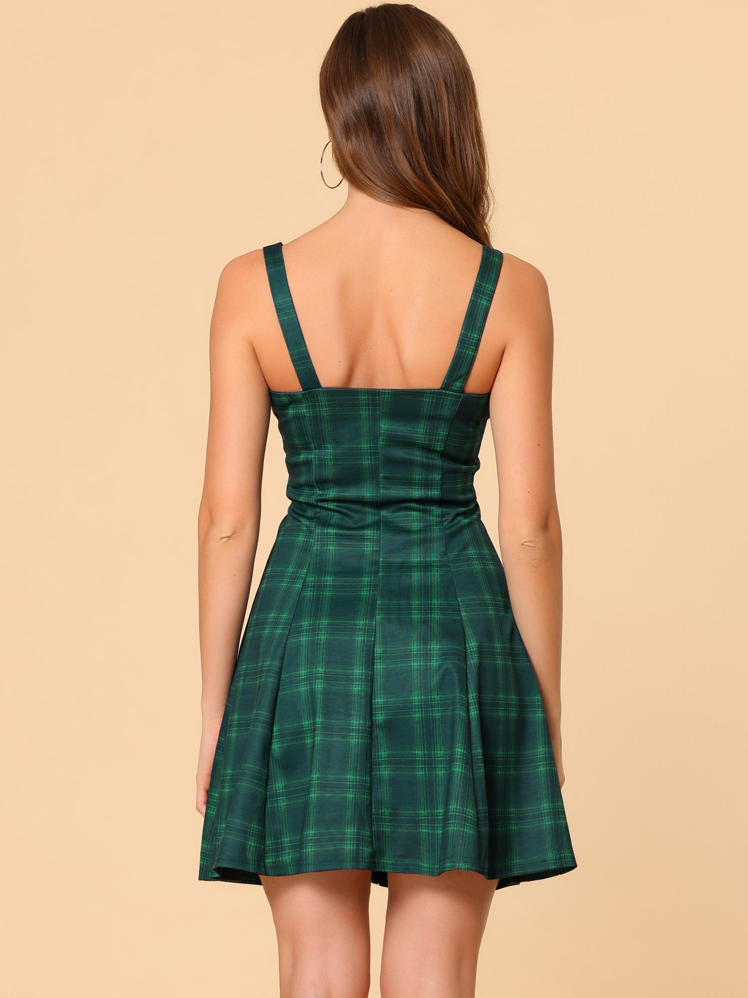 Plaid Zipper Front Party Strap Sleeveless Tube Mini A-Line Dress