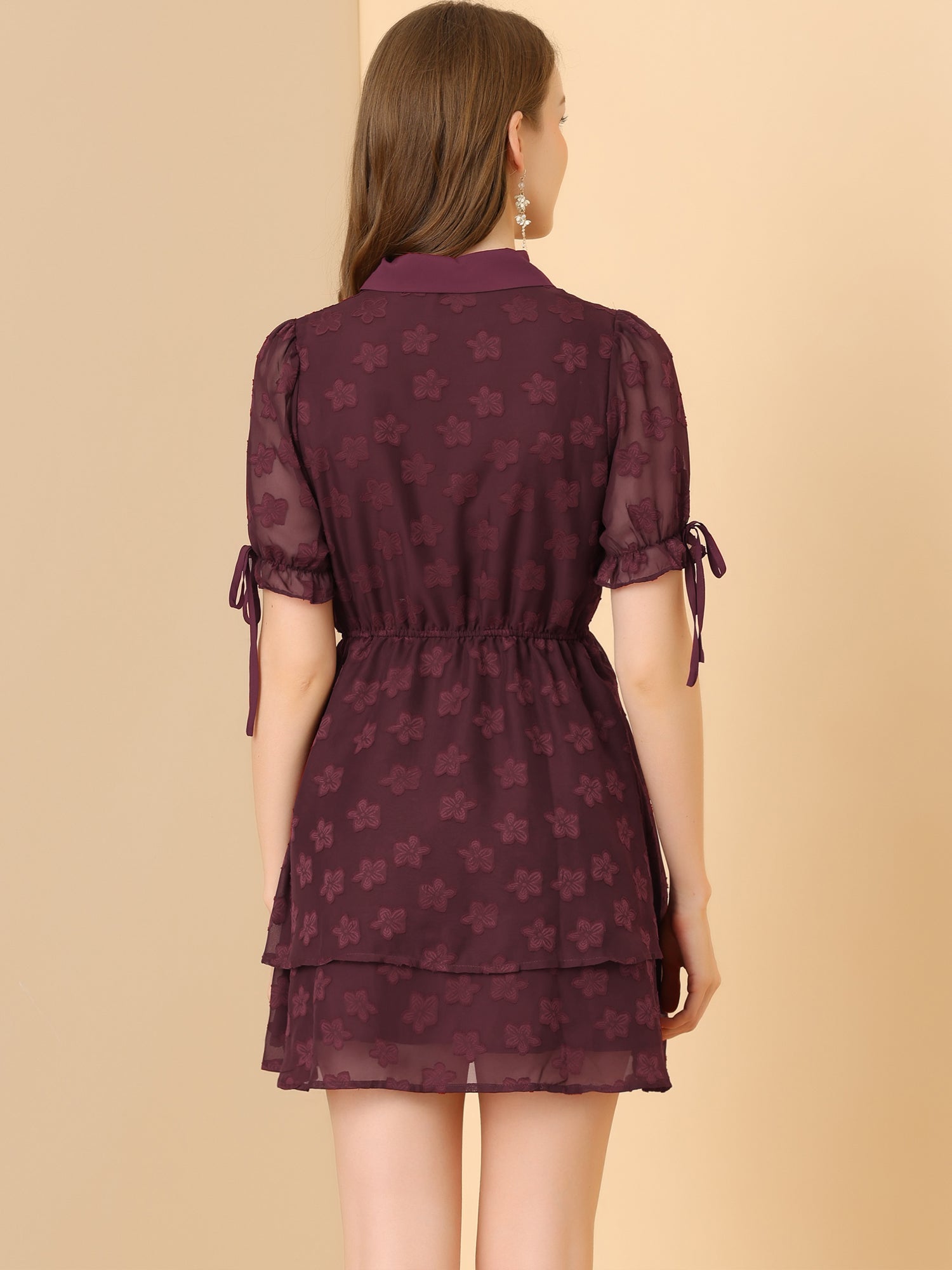 Peter Pan Collar Floral Drawstring Chiffon Layered Dress