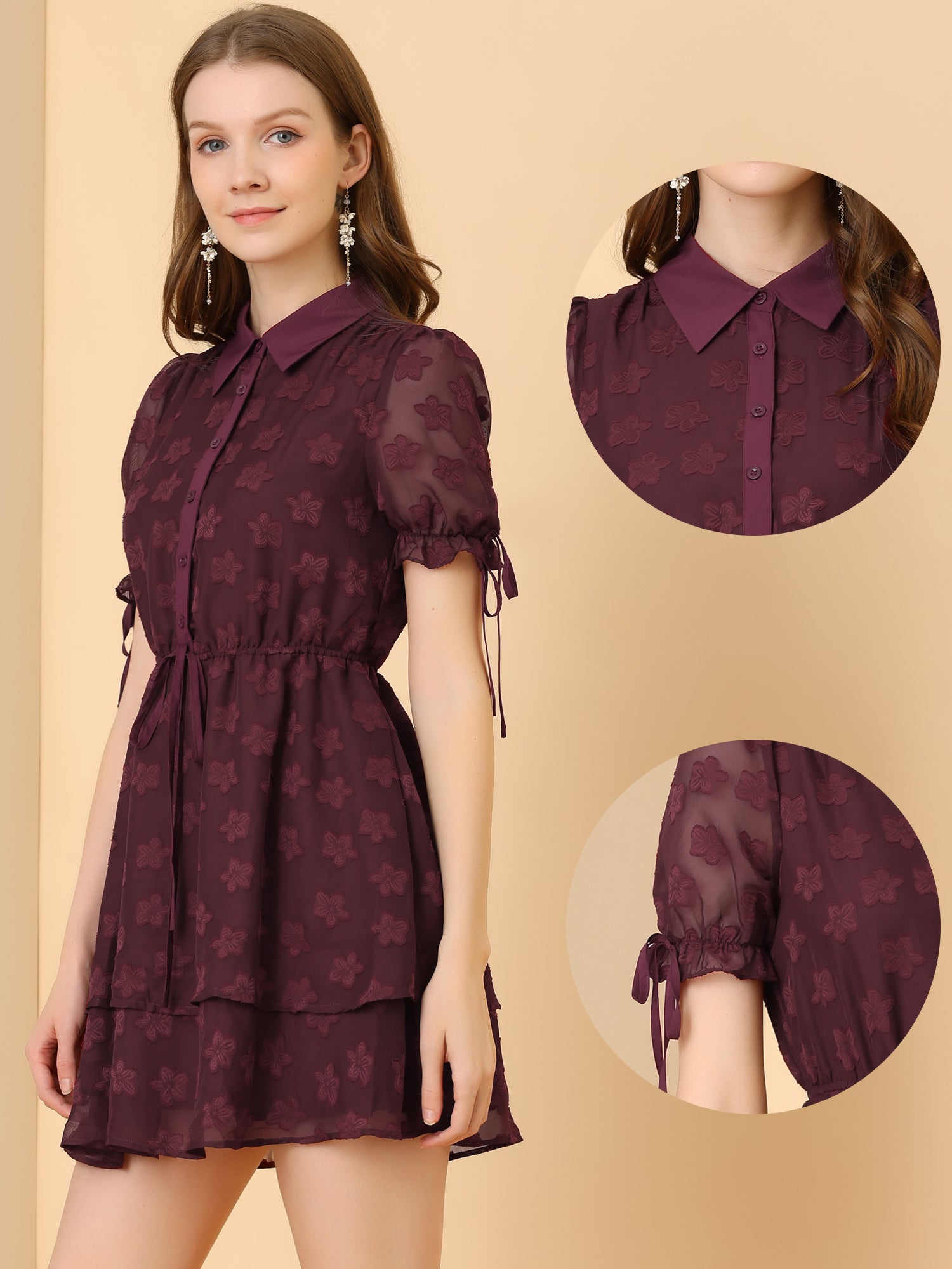 Peter Pan Collar Floral Drawstring Chiffon Layered Dress