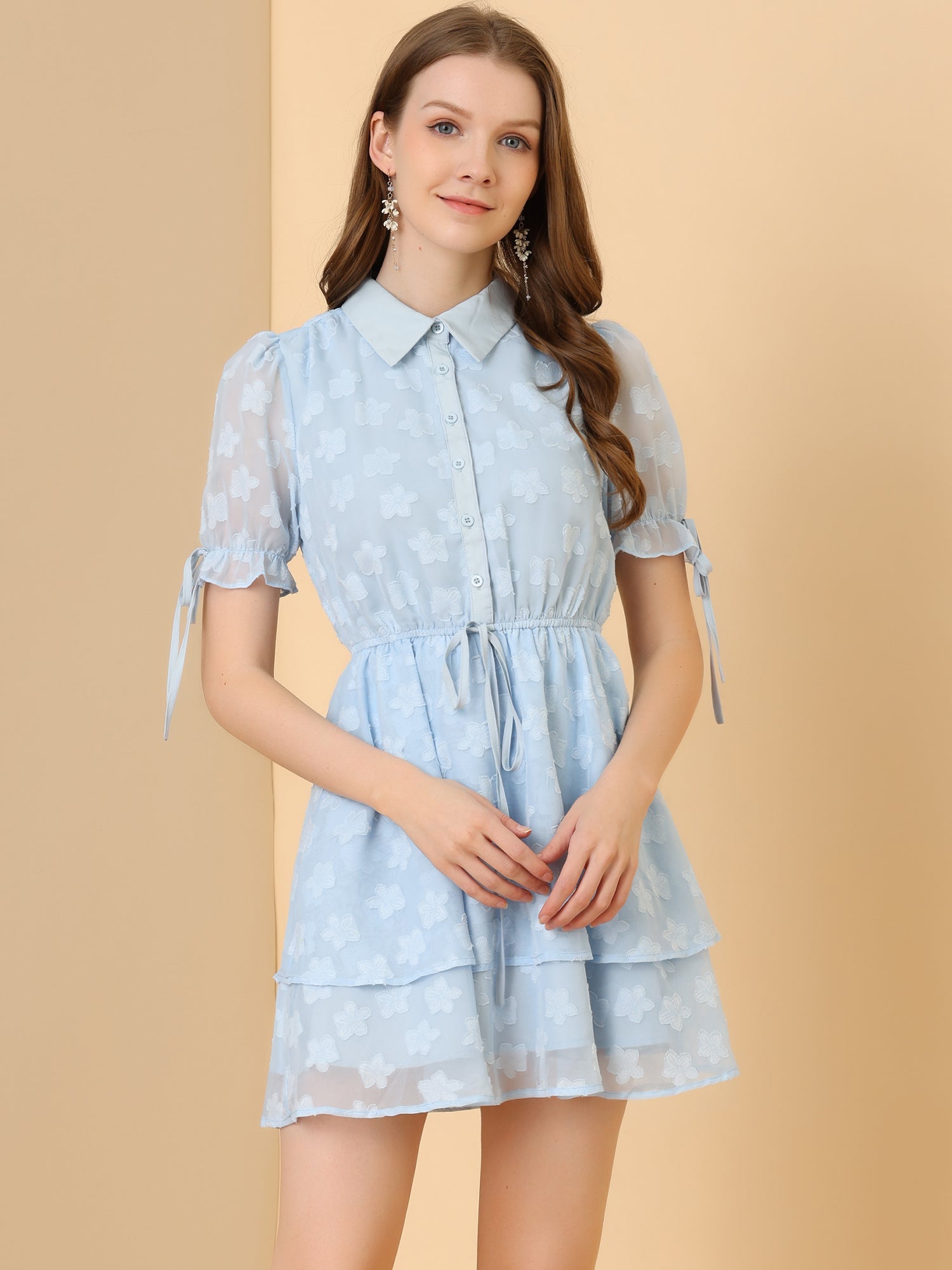 Peter Pan Collar Floral Drawstring Chiffon Layered Dress
