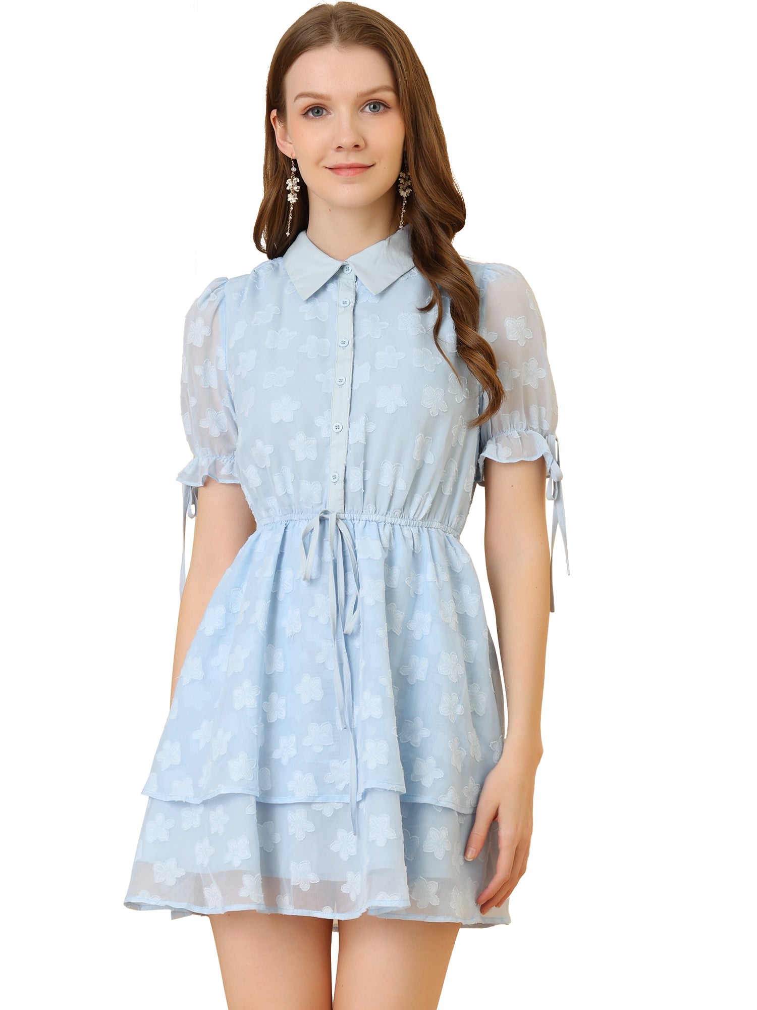 Peter Pan Collar Floral Drawstring Chiffon Layered Dress