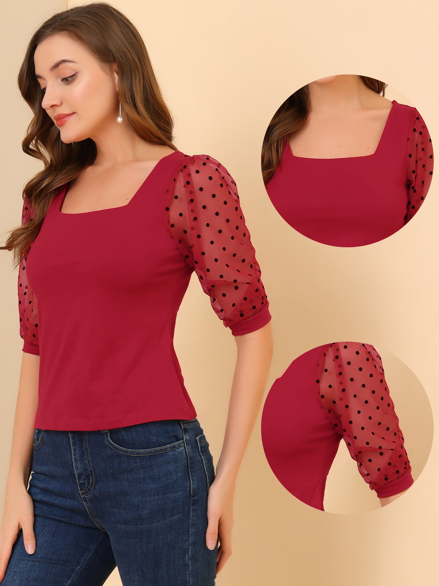 Retro Square Neck Tops Slim Fit Semi Sheer 3/4 Mesh Sleeve Top