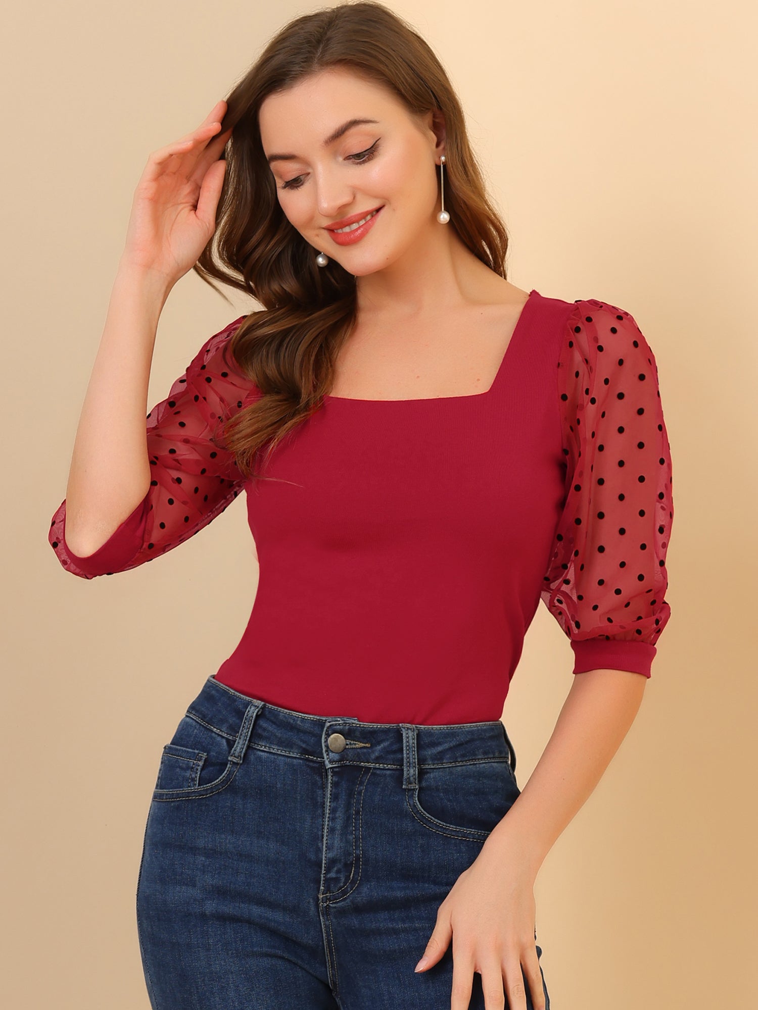 Retro Square Neck Tops Slim Fit Semi Sheer 3/4 Mesh Sleeve Top