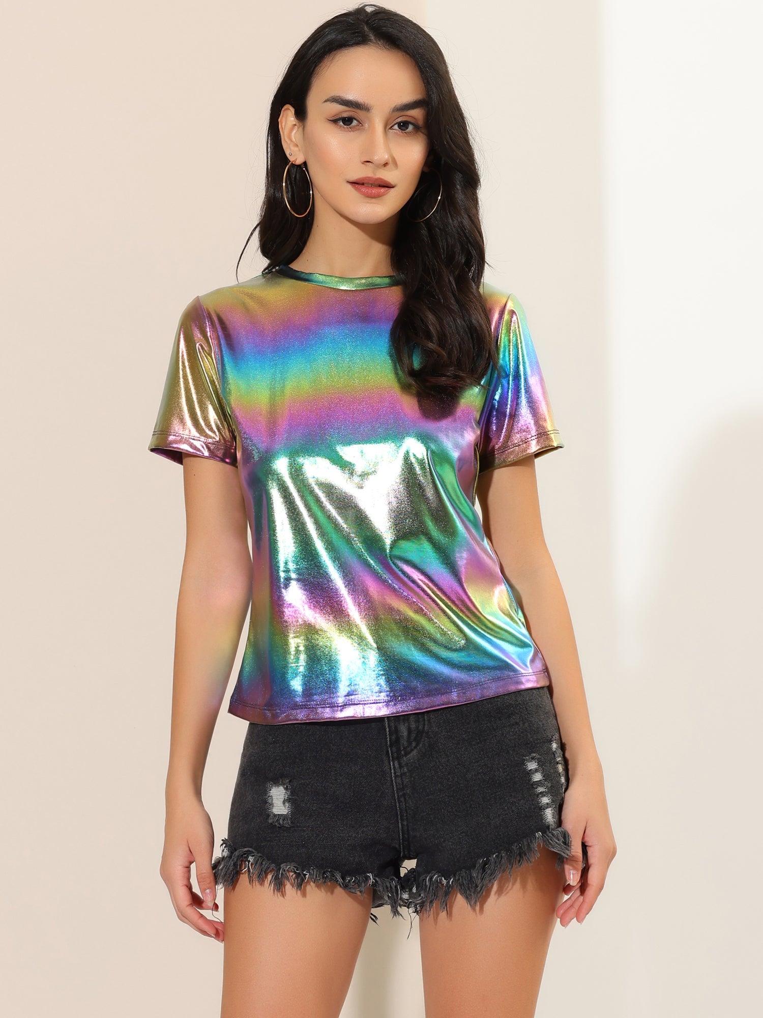 Glitter Metallic Short Sleeve Shiny Multicolor Blouse
