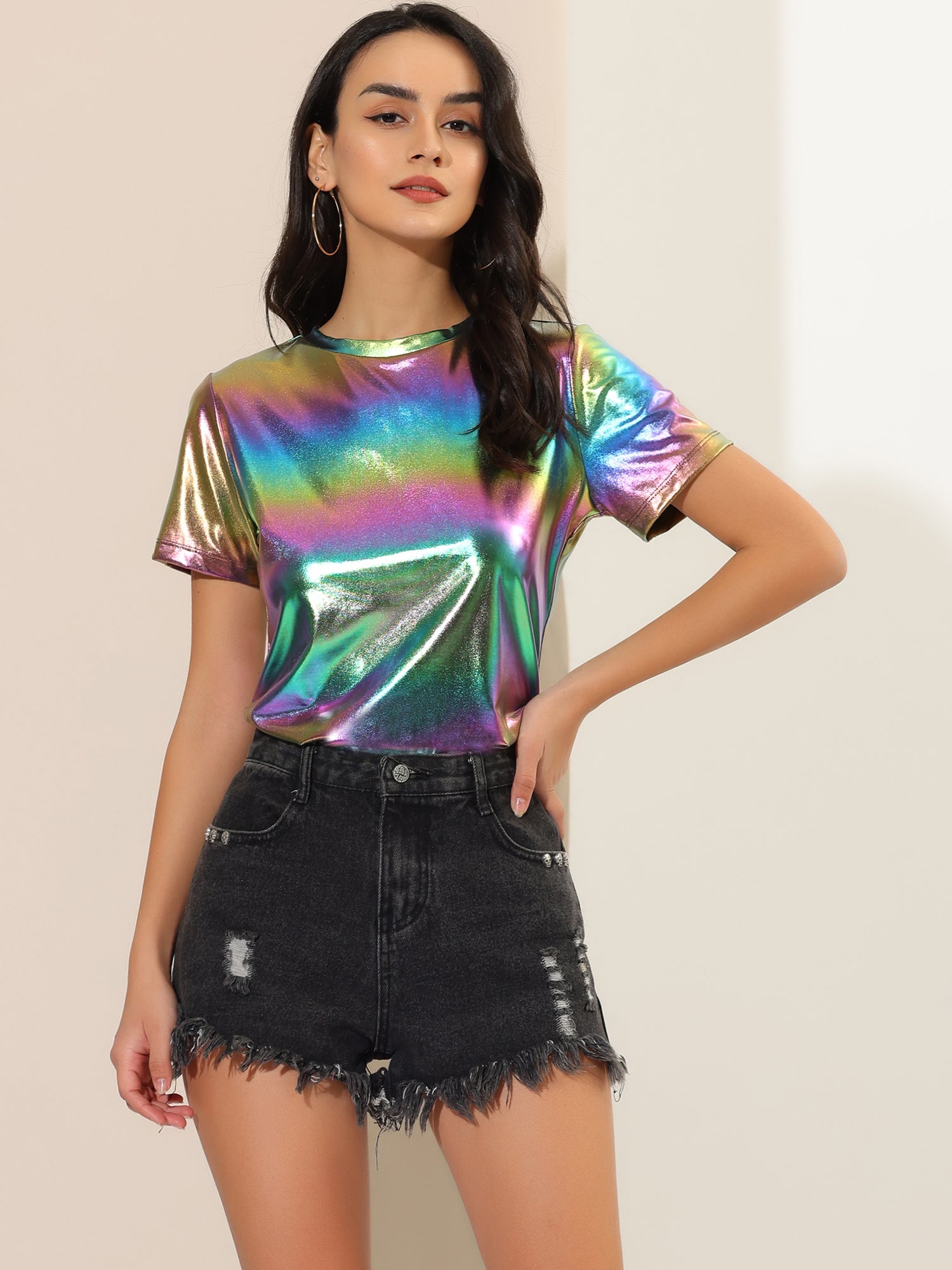 Glitter Metallic Short Sleeve Shiny Multicolor Blouse