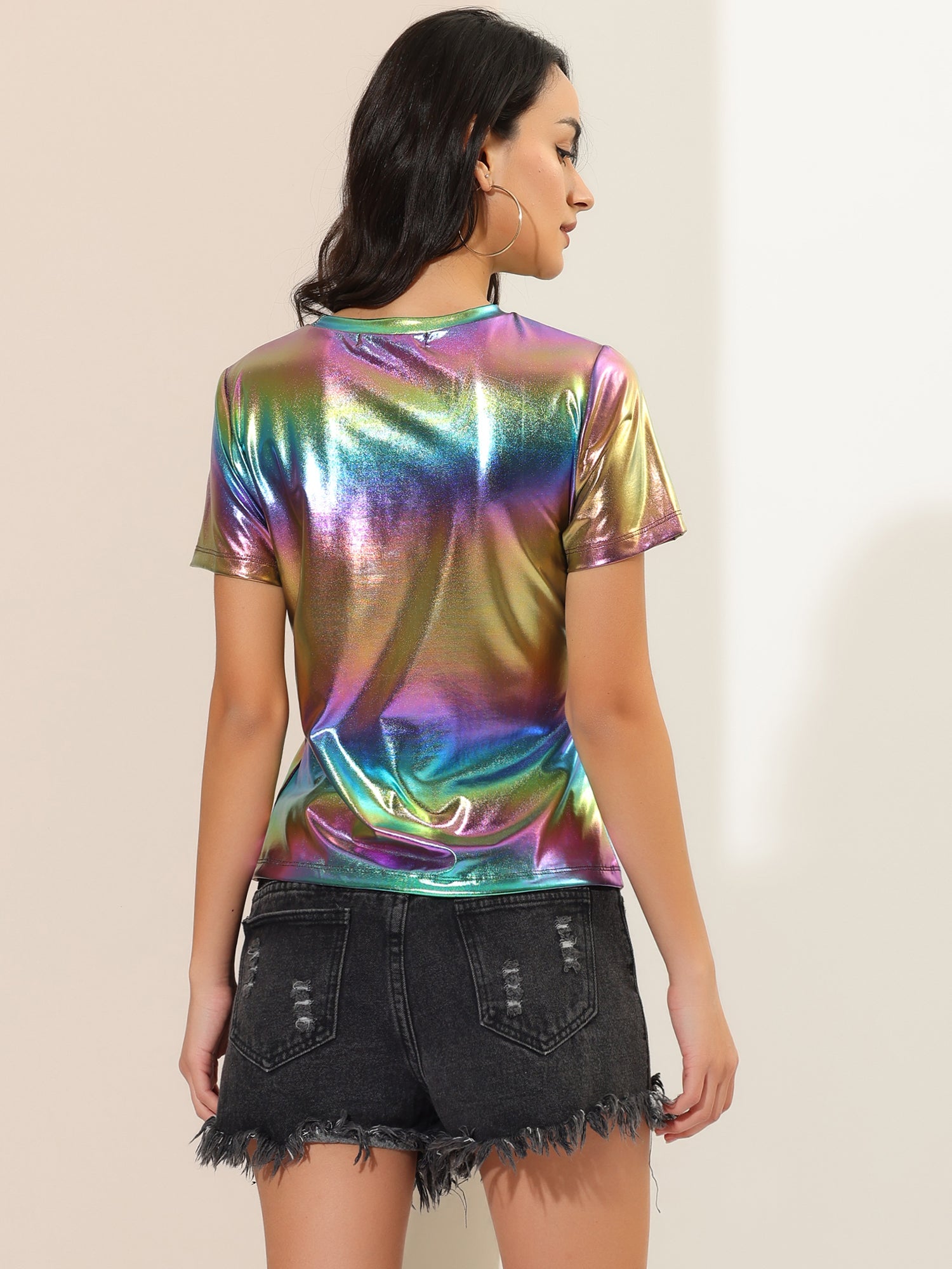Glitter Metallic Short Sleeve Shiny Multicolor Blouse
