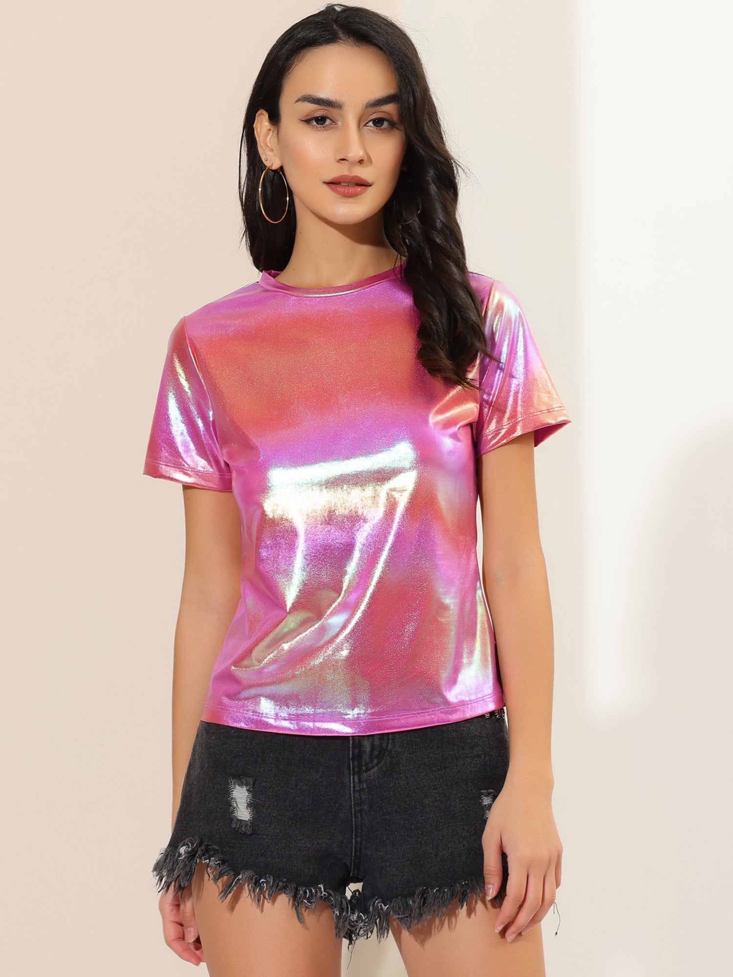 Party Metallic Textured Short Sleeve Shiny Multicolor Top