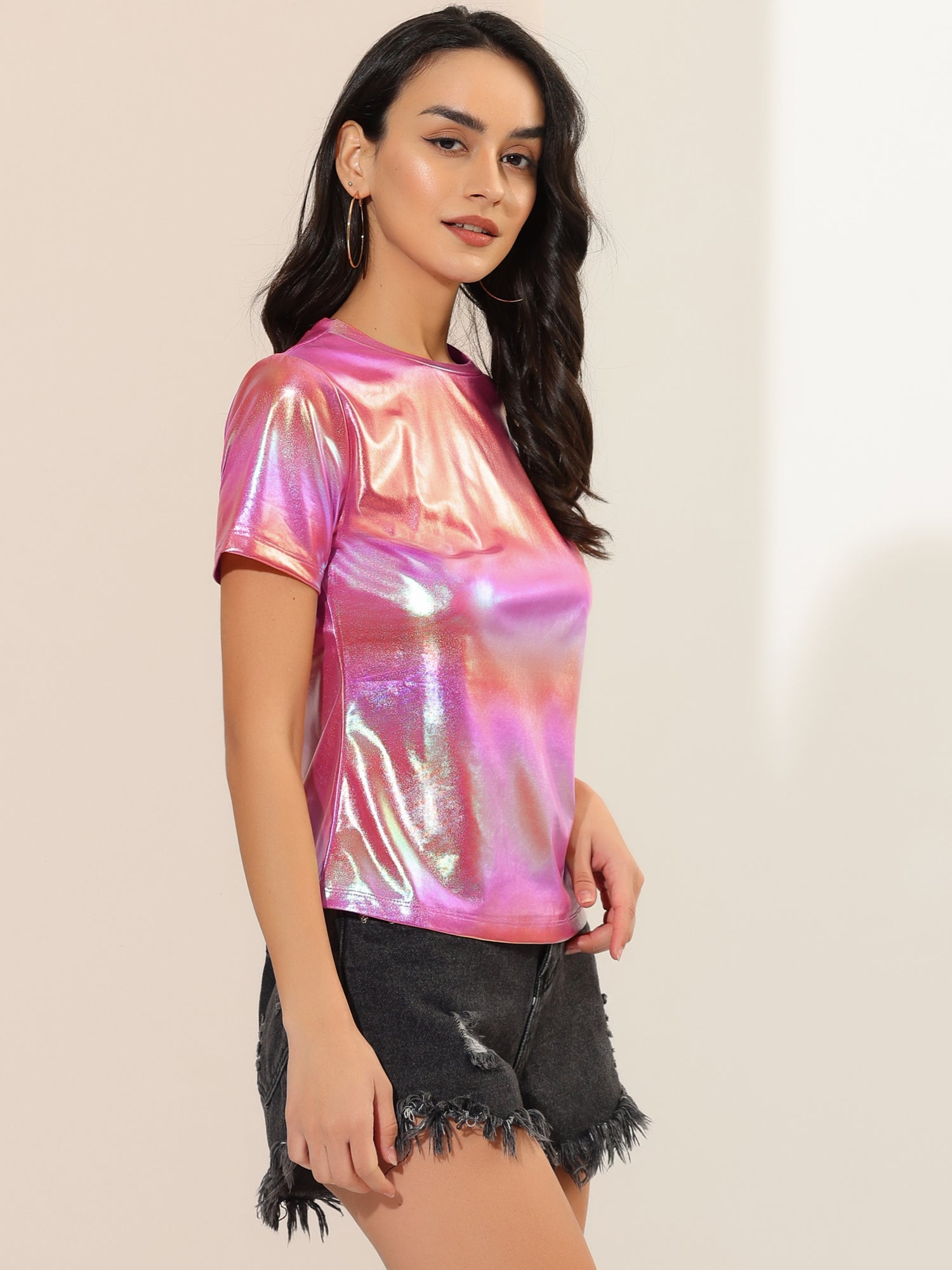 Party Metallic Textured Short Sleeve Shiny Multicolor Top