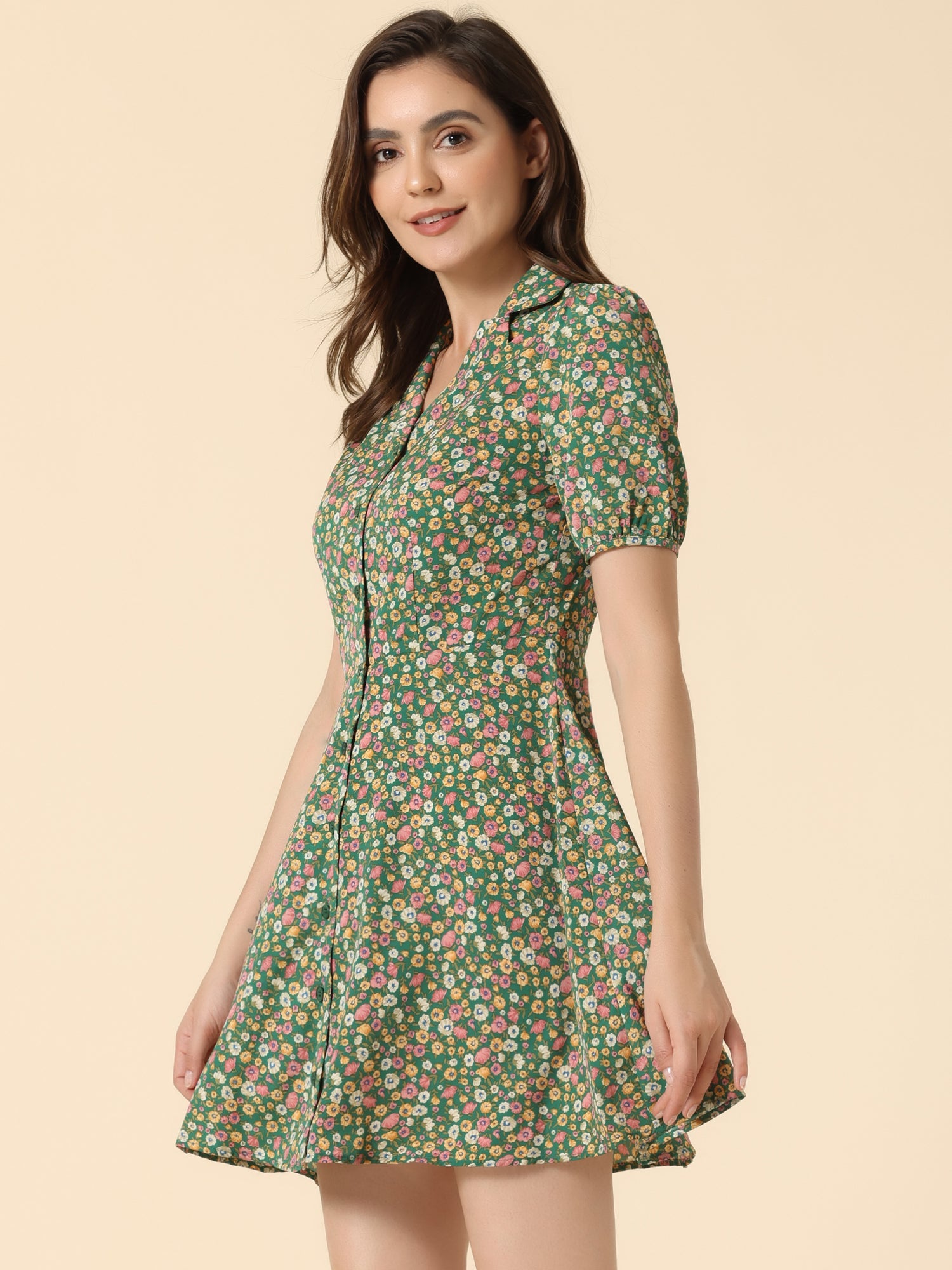 Button Up Short Sleeve A-Line Chiffon Vintage Floral Shirt Dress