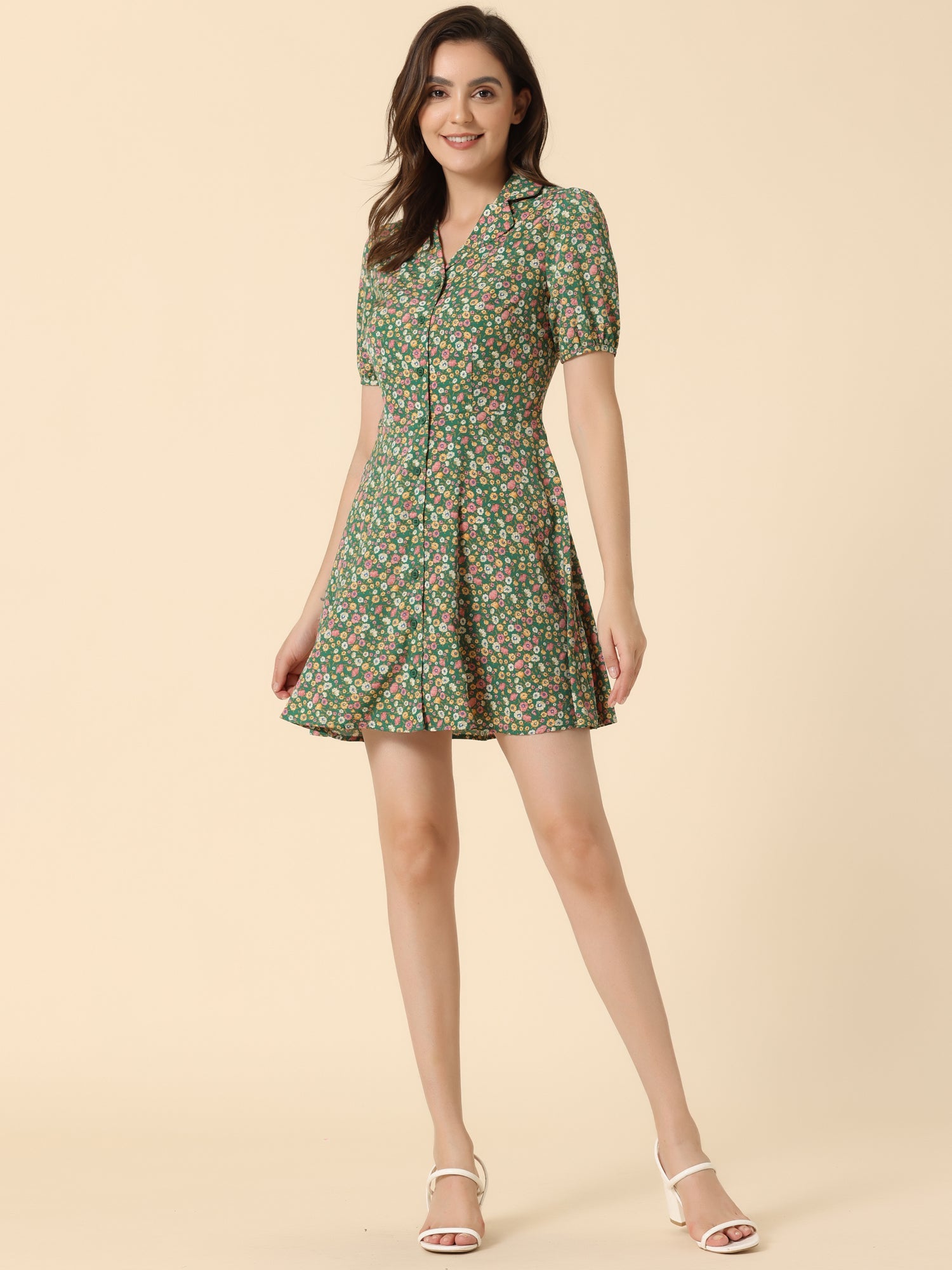 Button Up Short Sleeve A-Line Chiffon Vintage Floral Shirt Dress