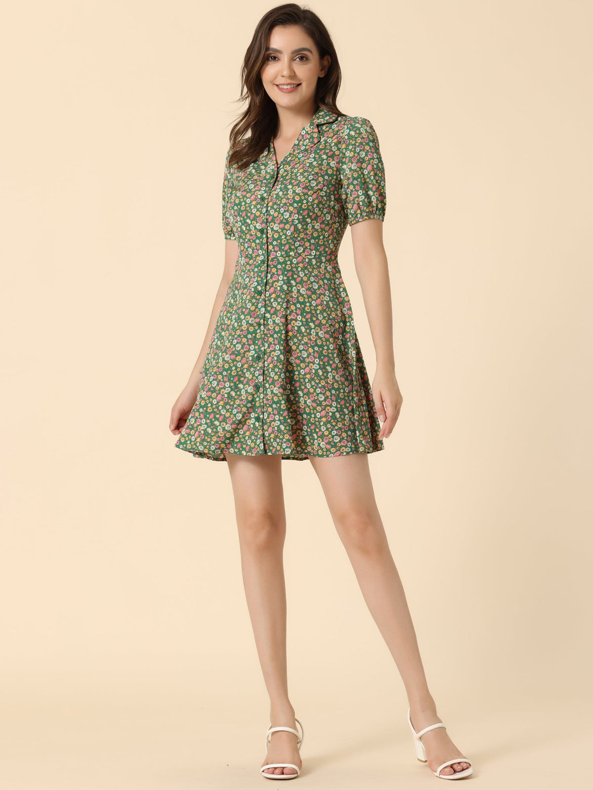 Button Up Short Sleeve A-Line Chiffon Vintage Floral Shirt Dress
