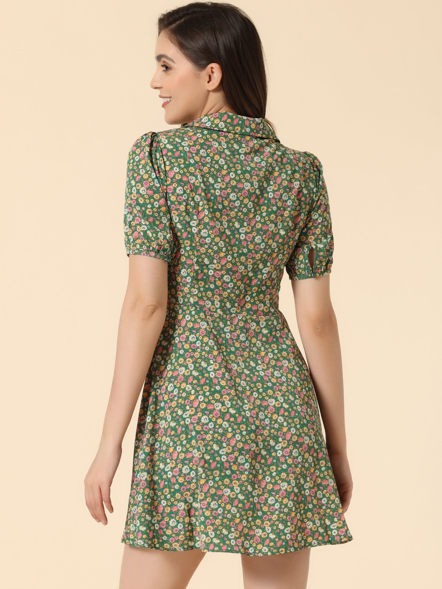 Button Up Short Sleeve A-Line Chiffon Vintage Floral Shirt Dress