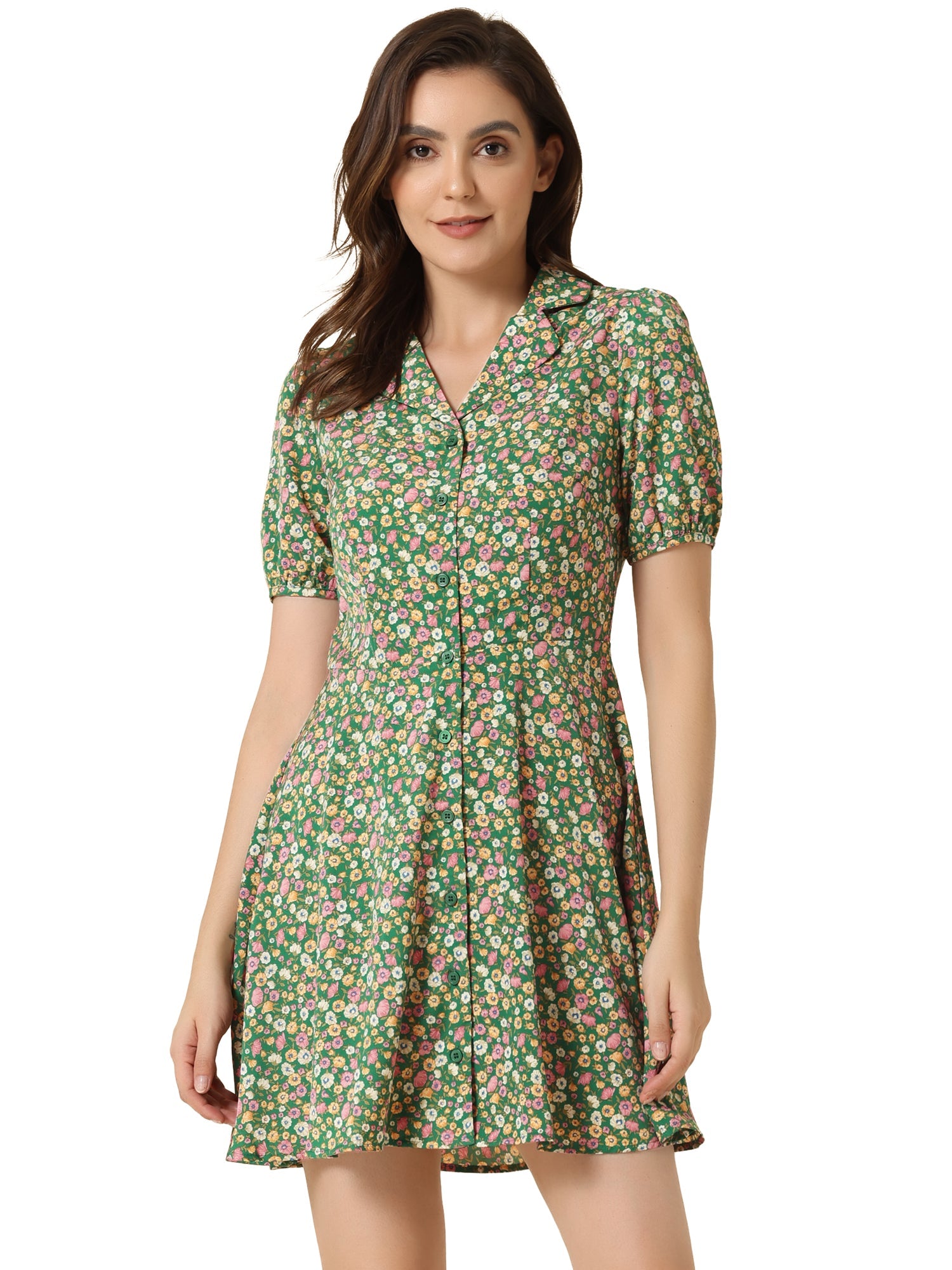 Button Up Short Sleeve A-Line Chiffon Vintage Floral Shirt Dress