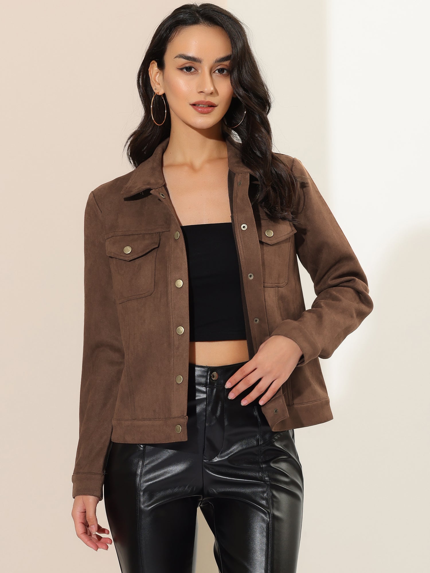 Faux Suede Turn-Down Collar Flap Pocket Snap Button Jacket