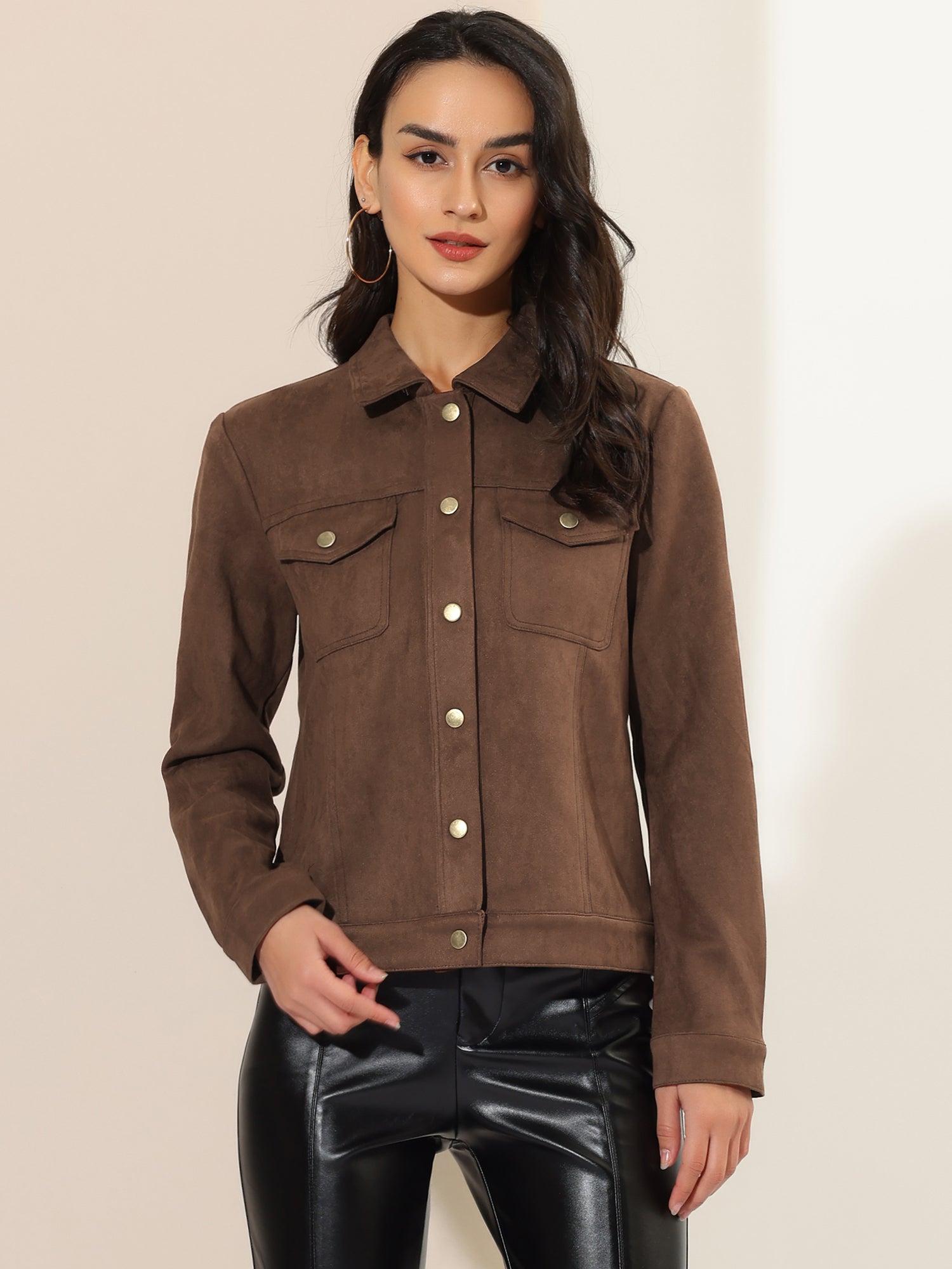 Faux Suede Turn-Down Collar Flap Pocket Snap Button Jacket