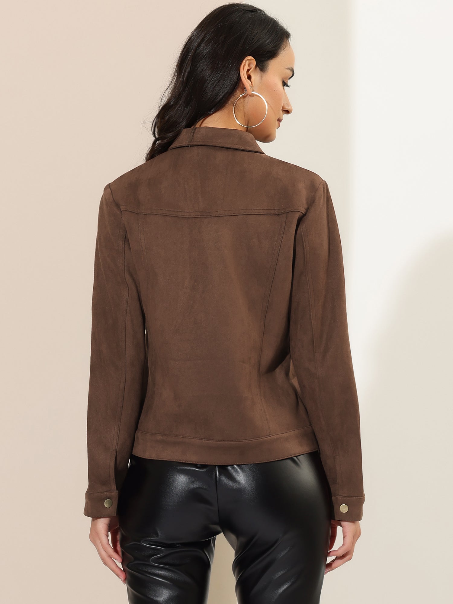 Faux Suede Turn-Down Collar Flap Pocket Snap Button Jacket