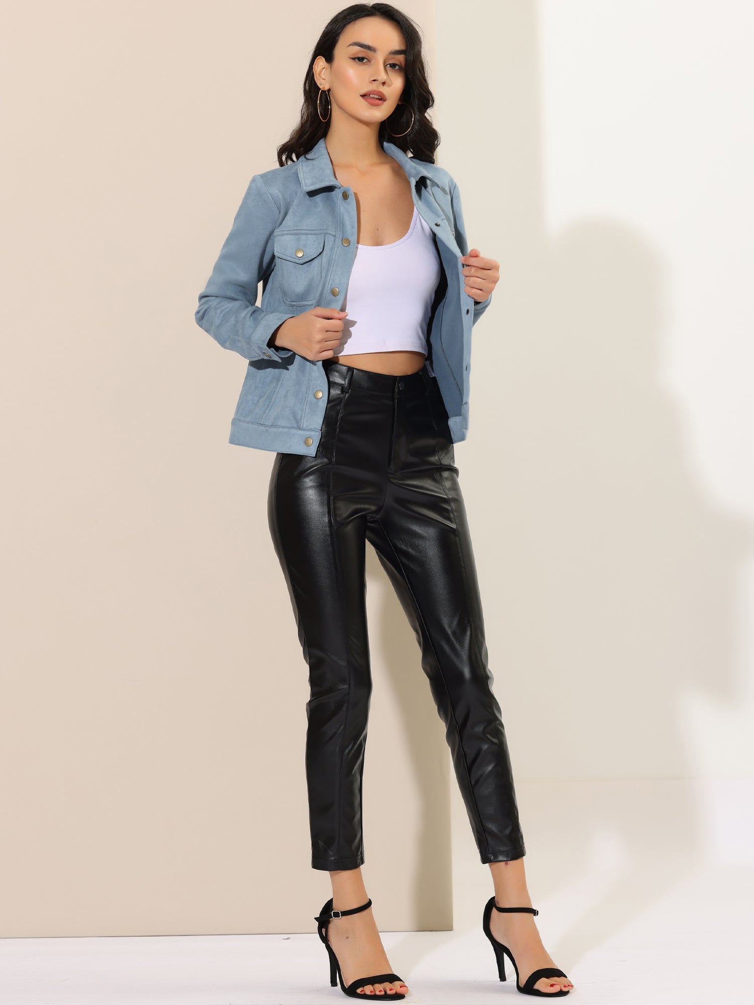 Faux Suede Turn-Down Collar Flap Pocket Snap Button Jacket